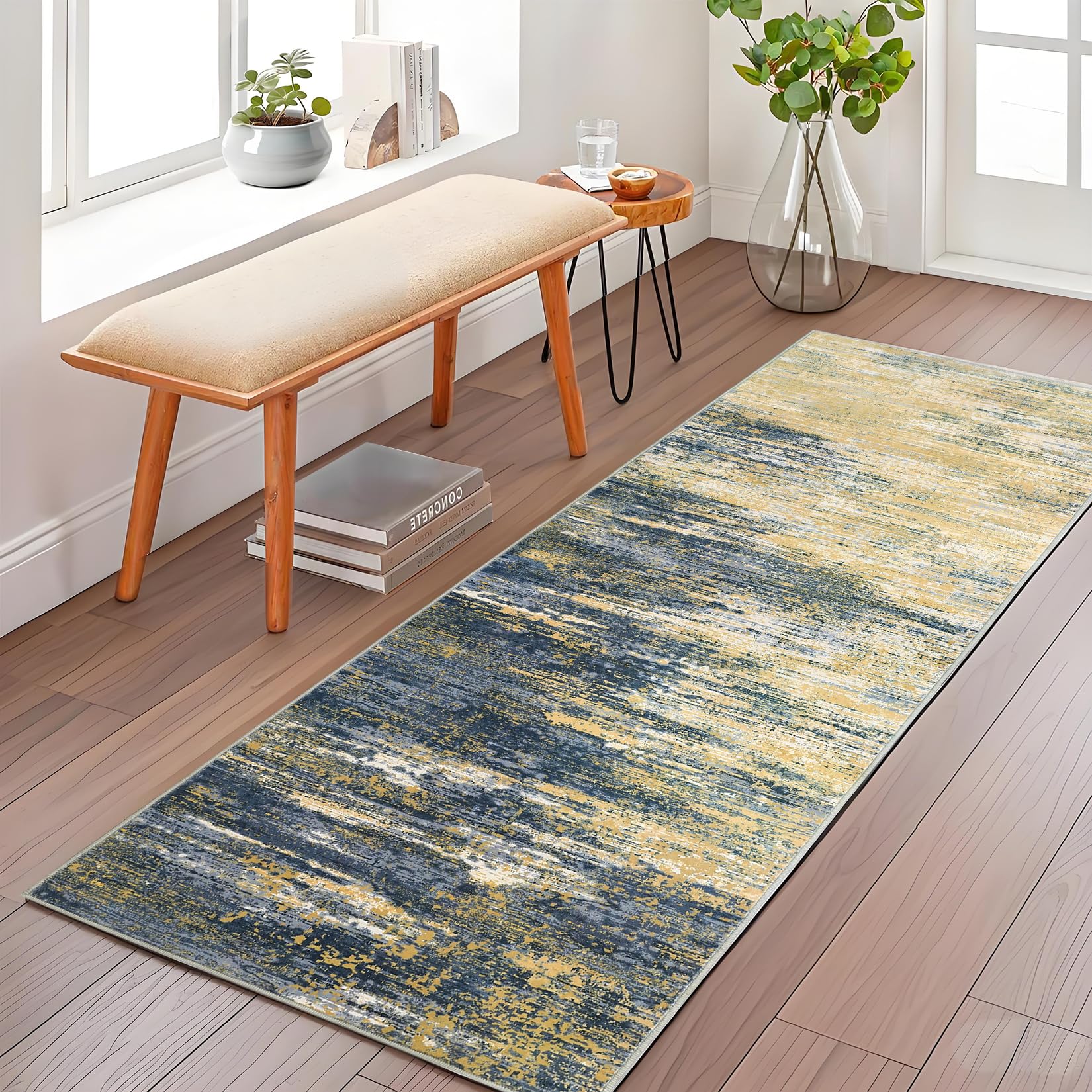 5x7 Modern Abstract Faux Wool Rug Ultra-Soft Low Pile Accent Rug Stain Resistant Carpet Machine Washable for Bedroom with Non Slip Backing, Navy