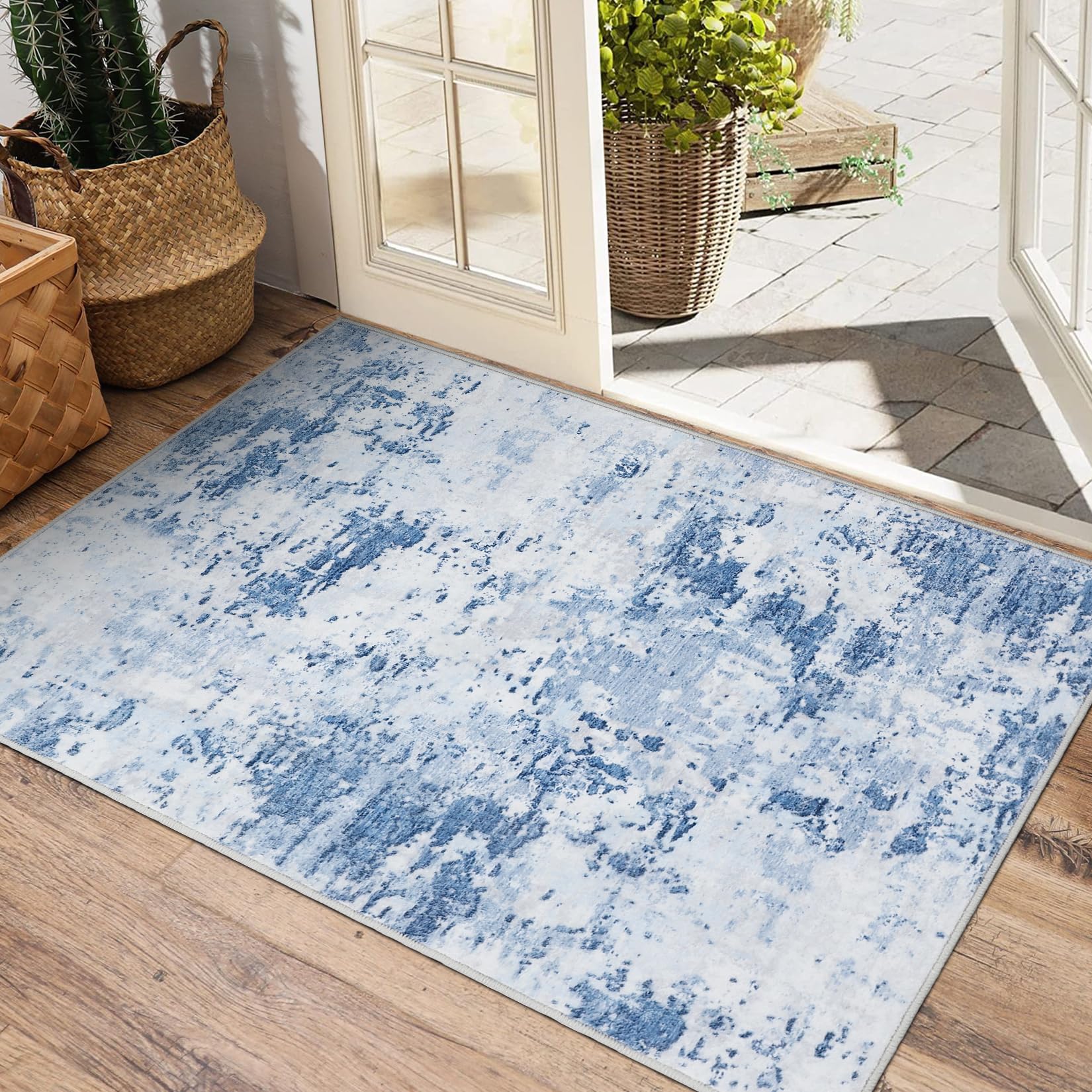 5x7 Modern Abstract Faux Wool Rug Ultra-Soft Low Pile Accent Rug Stain Resistant Carpet Machine Washable for Bedroom with Non Slip Backing, Navy
