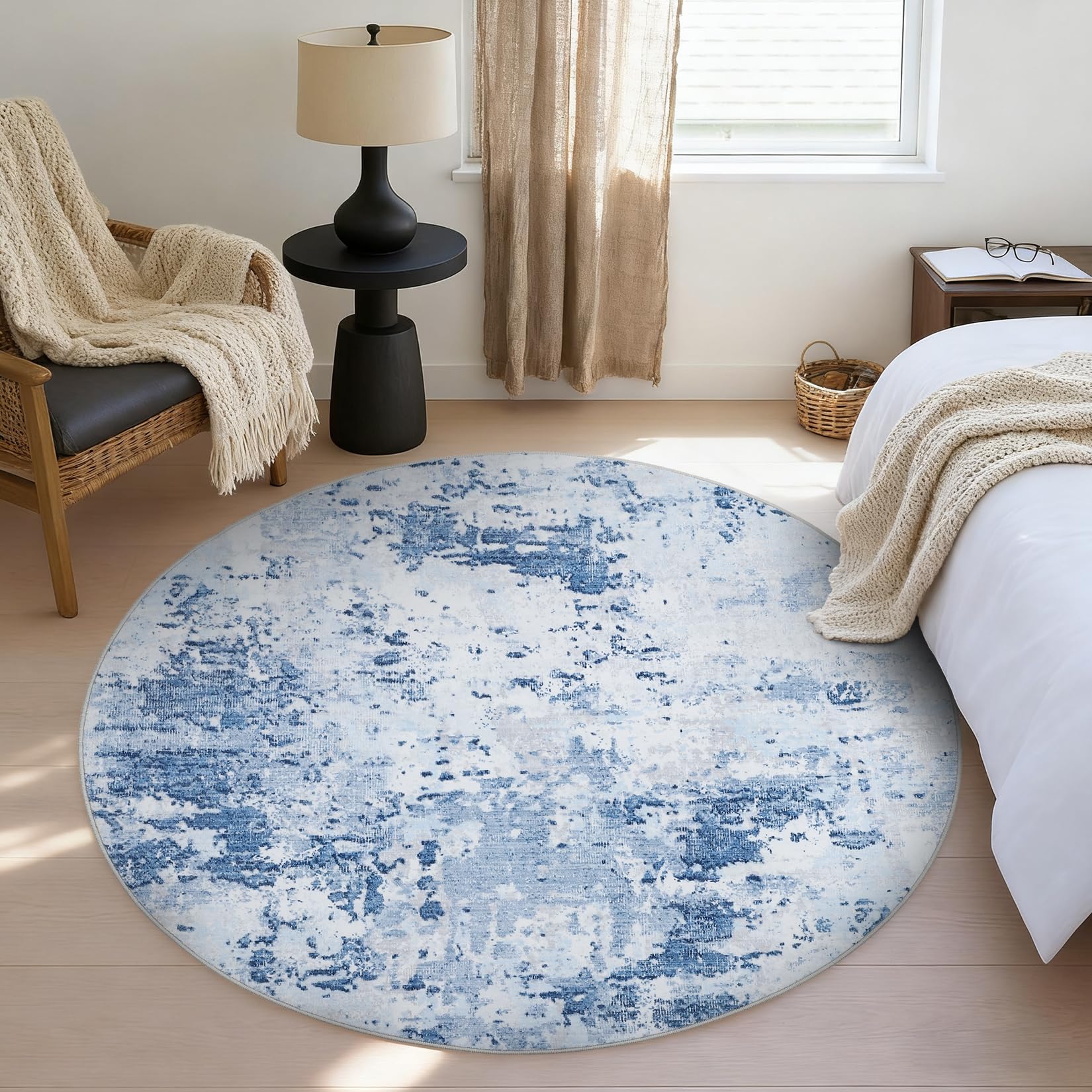 5x7 Modern Abstract Faux Wool Rug Ultra-Soft Low Pile Accent Rug Stain Resistant Carpet Machine Washable for Bedroom with Non Slip Backing, Navy