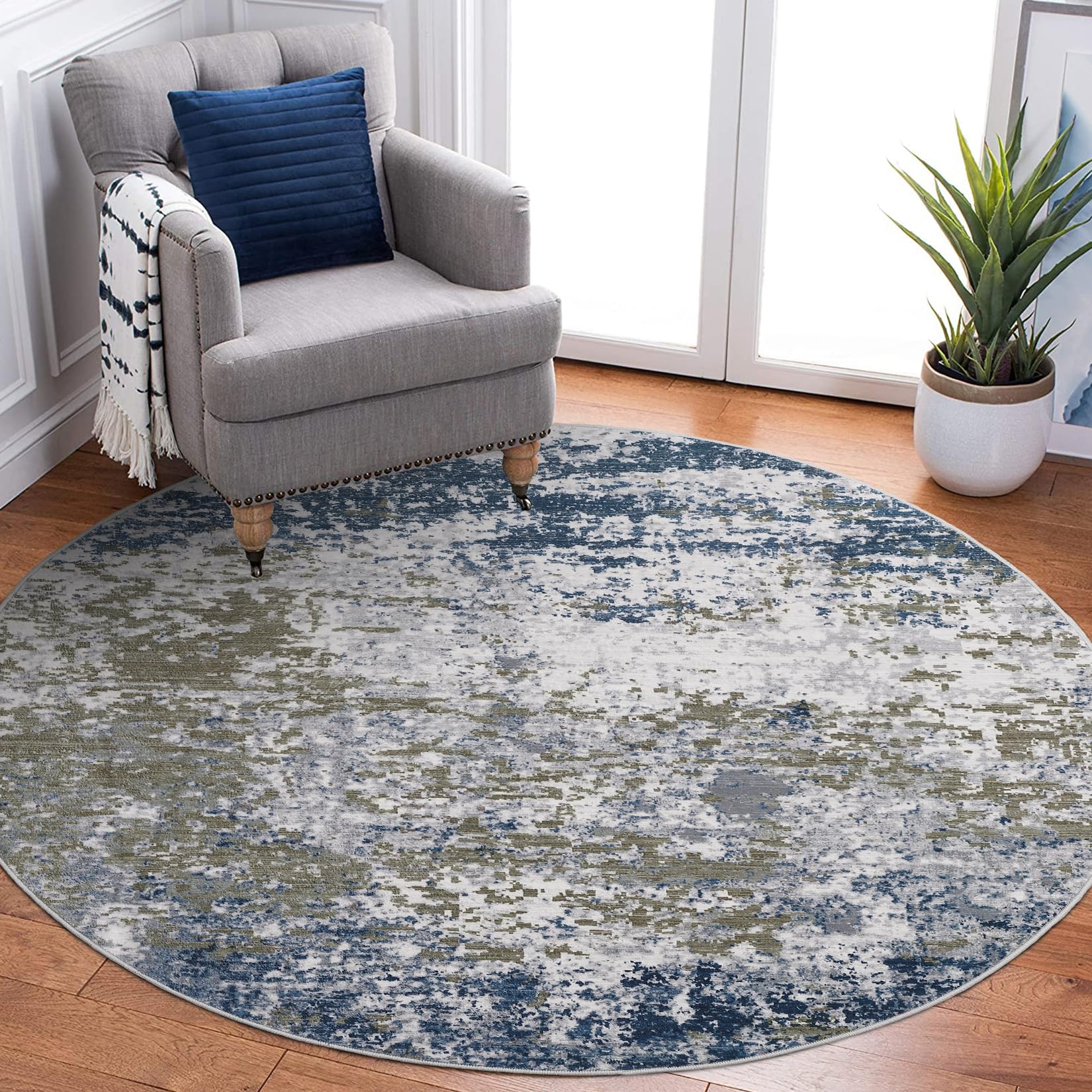 5x7 Modern Abstract Faux Wool Rug Ultra-Soft Low Pile Accent Rug Stain Resistant Carpet Machine Washable for Bedroom with Non Slip Backing, Navy