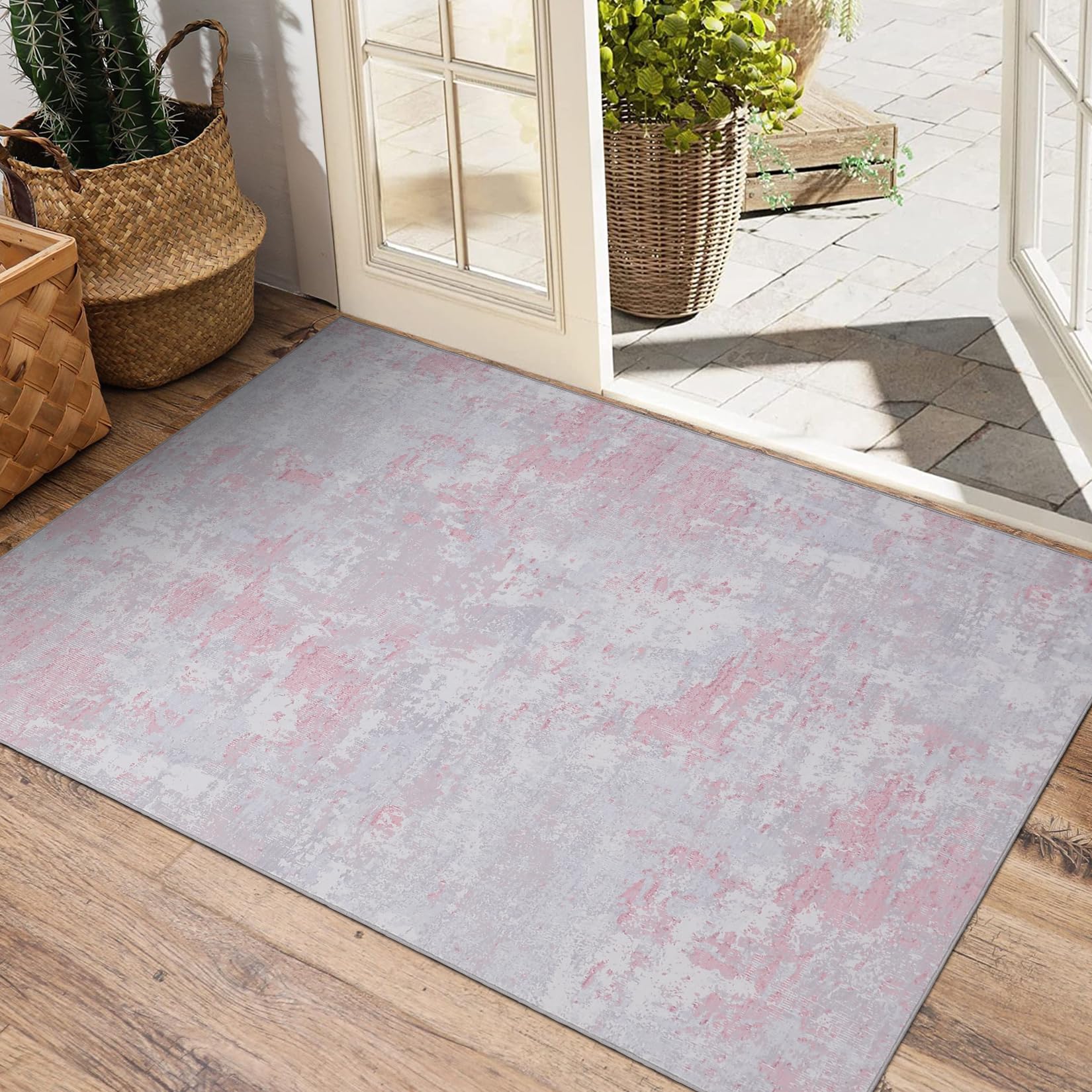 5x7 Modern Abstract Faux Wool Rug Ultra-Soft Low Pile Accent Rug Stain Resistant Carpet Machine Washable for Bedroom with Non Slip Backing, Navy