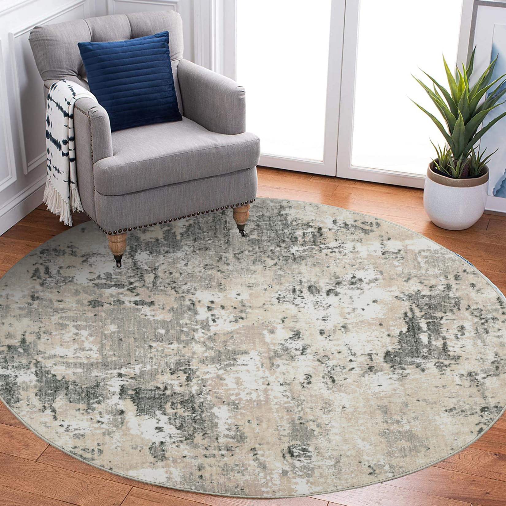 5x7 Modern Abstract Faux Wool Rug Ultra-Soft Low Pile Accent Rug Stain Resistant Carpet Machine Washable for Bedroom with Non Slip Backing, Navy