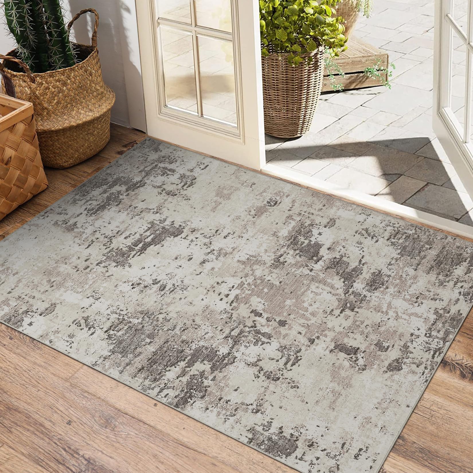 5x7 Modern Abstract Faux Wool Rug Ultra-Soft Low Pile Accent Rug Stain Resistant Carpet Machine Washable for Bedroom with Non Slip Backing, Navy