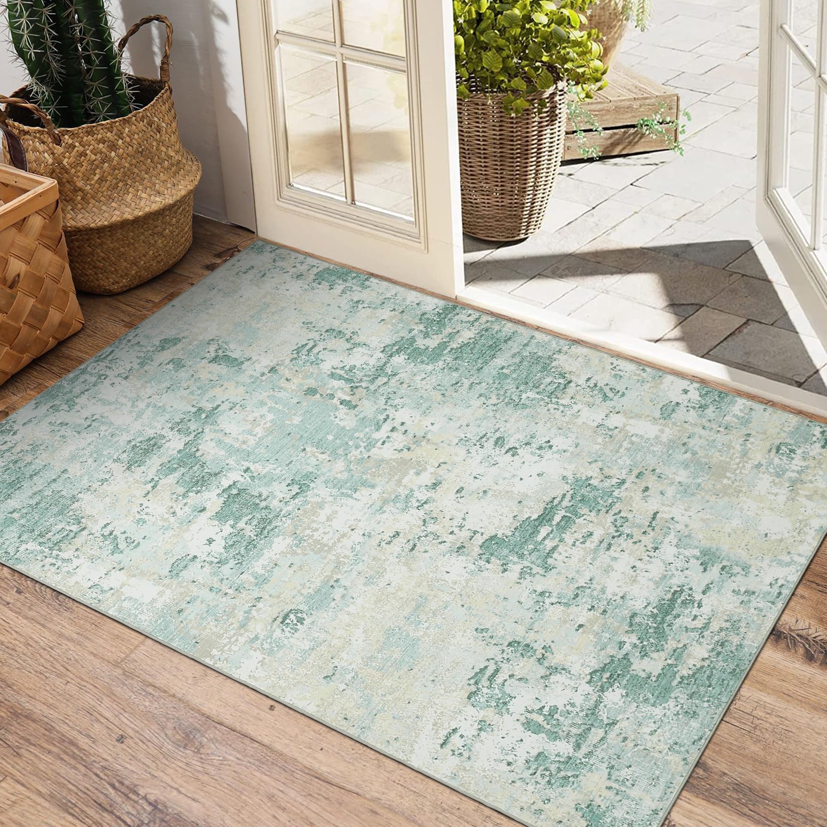 5x7 Modern Abstract Faux Wool Rug Ultra-Soft Low Pile Accent Rug Stain Resistant Carpet Machine Washable for Bedroom with Non Slip Backing, Navy