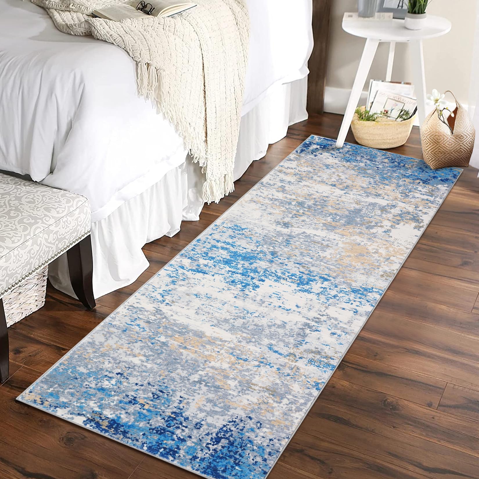 5x7 Modern Abstract Faux Wool Rug Ultra-Soft Low Pile Accent Rug Stain Resistant Carpet Machine Washable for Bedroom with Non Slip Backing, Navy