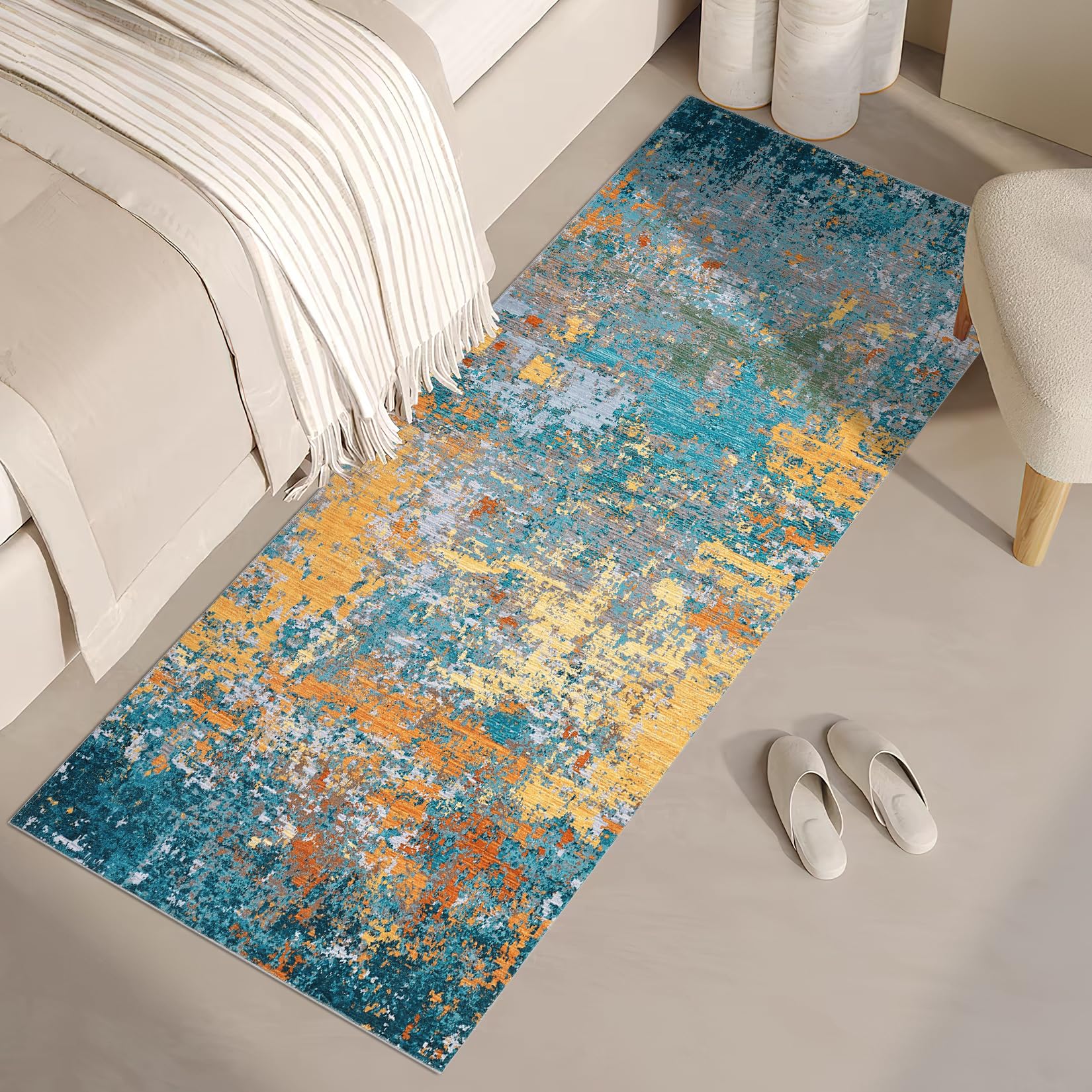 5x7 Modern Abstract Faux Wool Rug Ultra-Soft Low Pile Accent Rug Stain Resistant Carpet Machine Washable for Bedroom with Non Slip Backing, Navy