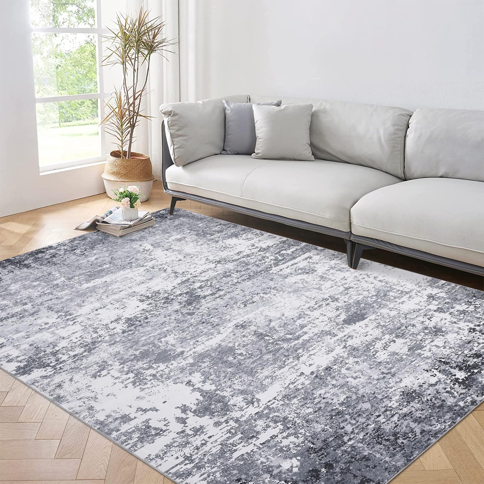 5x7 Modern Abstract Faux Wool Rug Ultra-Soft Low Pile Accent Rug Stain Resistant Carpet Machine Washable for Bedroom with Non Slip Backing, Navy