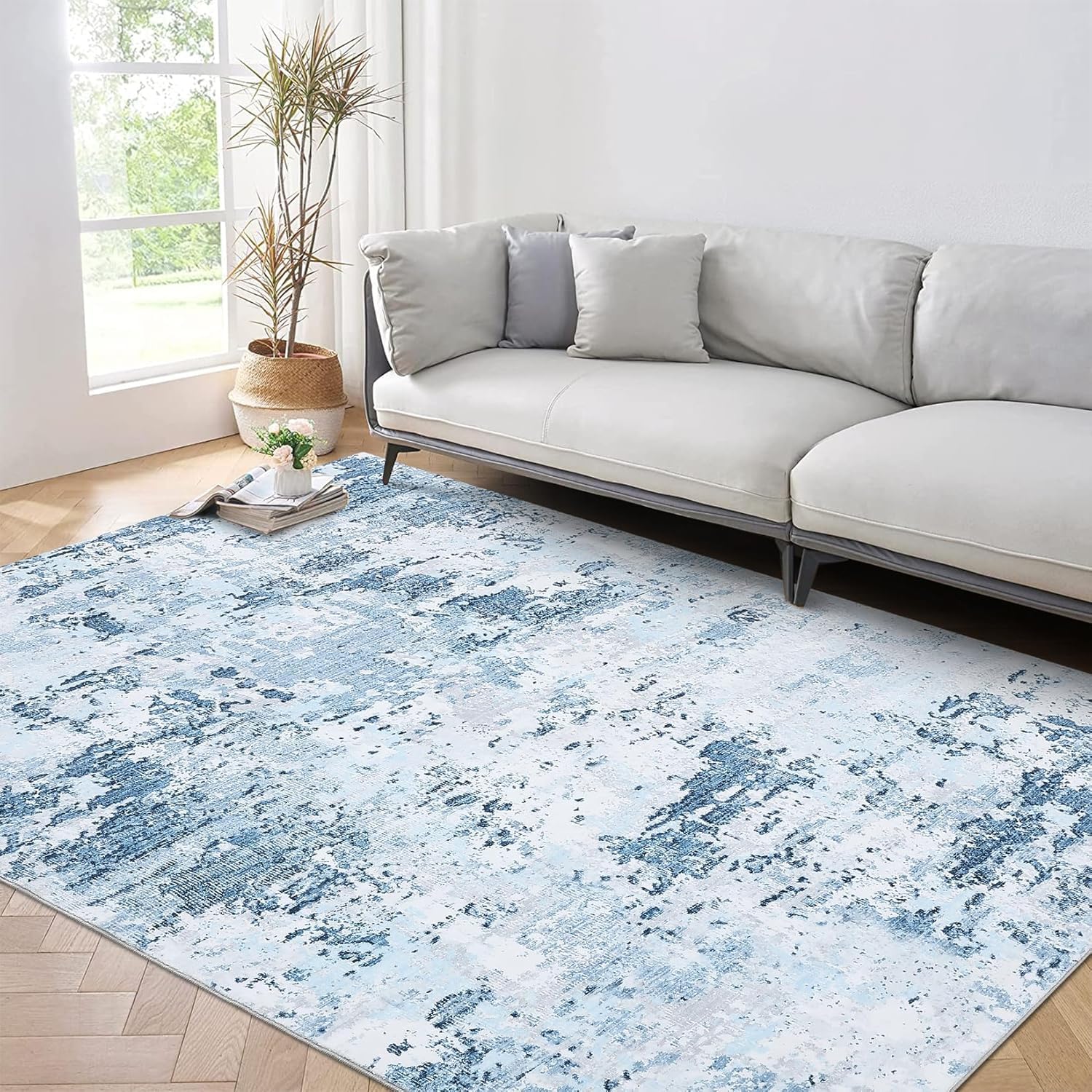 5x7 Modern Abstract Faux Wool Rug Ultra-Soft Low Pile Accent Rug Stain Resistant Carpet Machine Washable for Bedroom with Non Slip Backing, Navy