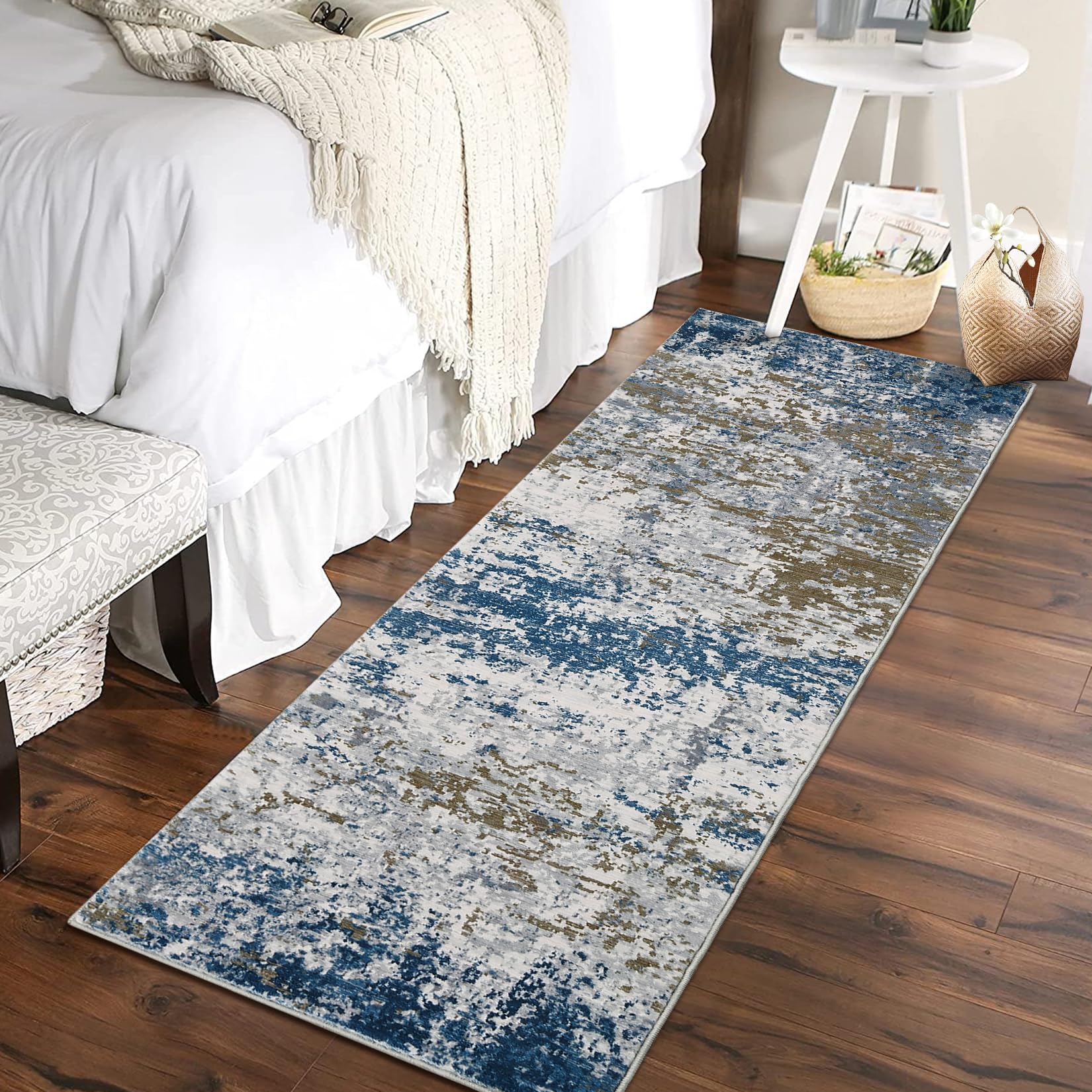 5x7 Modern Abstract Faux Wool Rug Ultra-Soft Low Pile Accent Rug Stain Resistant Carpet Machine Washable for Bedroom with Non Slip Backing, Navy