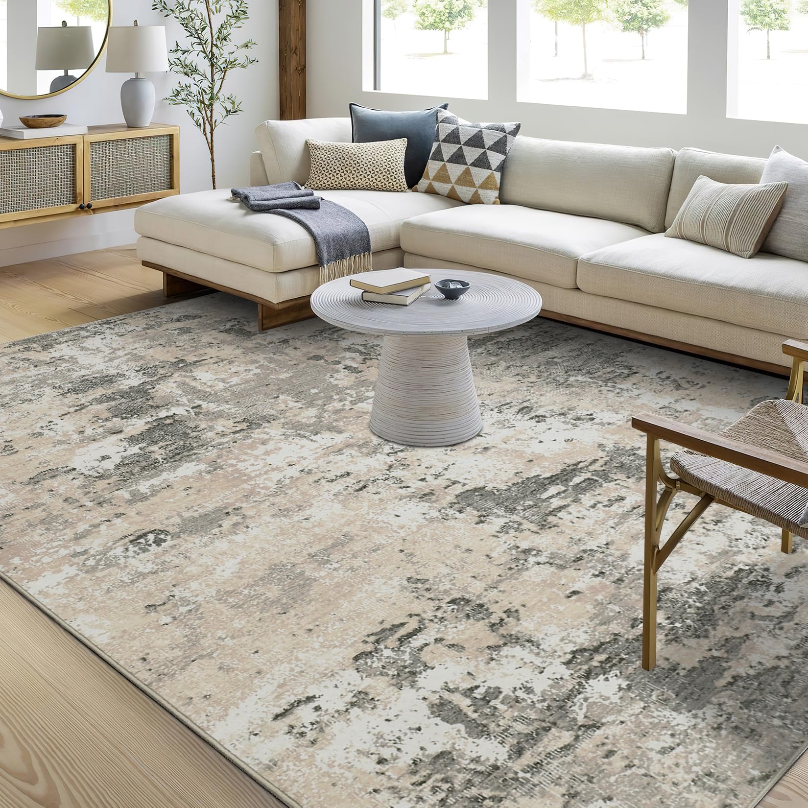 5x7 Modern Abstract Faux Wool Rug Ultra-Soft Low Pile Accent Rug Stain Resistant Carpet Machine Washable for Bedroom with Non Slip Backing, Navy