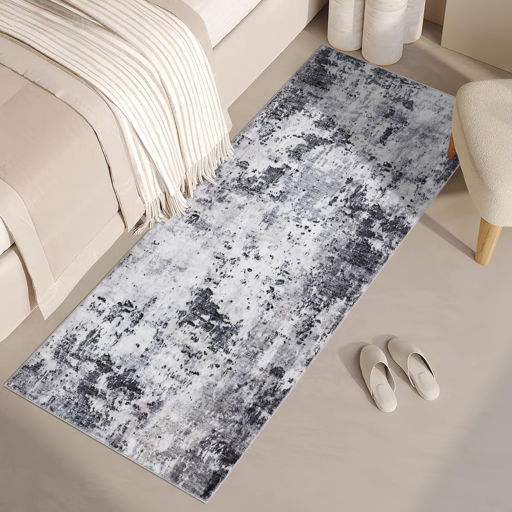 5x7 Modern Abstract Faux Wool Rug Ultra-Soft Low Pile Accent Rug Stain Resistant Carpet Machine Washable for Bedroom with Non Slip Backing, Navy