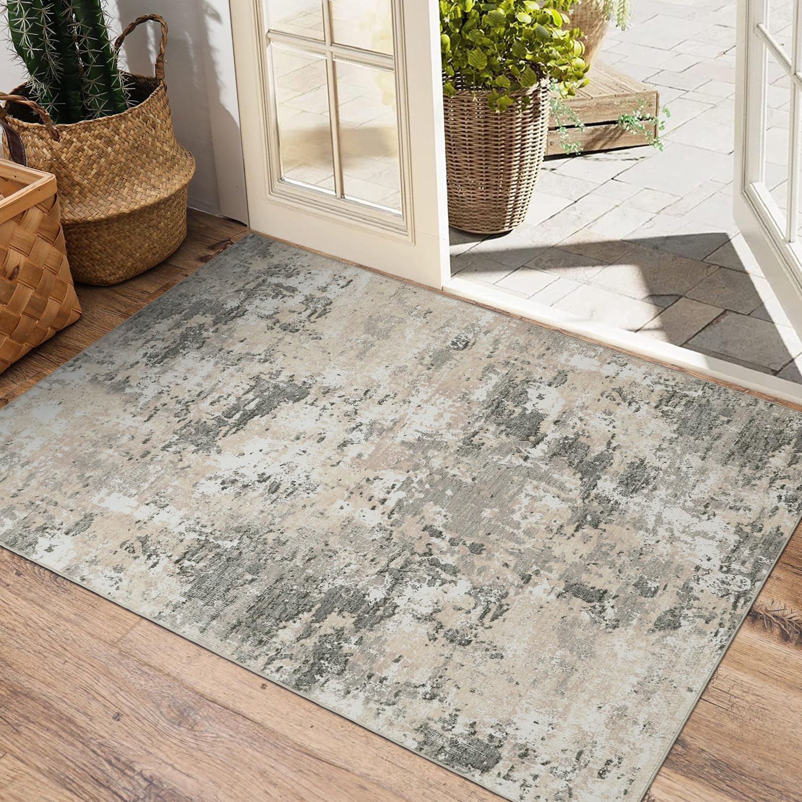 5x7 Modern Abstract Faux Wool Rug Ultra-Soft Low Pile Accent Rug Stain Resistant Carpet Machine Washable for Bedroom with Non Slip Backing, Navy