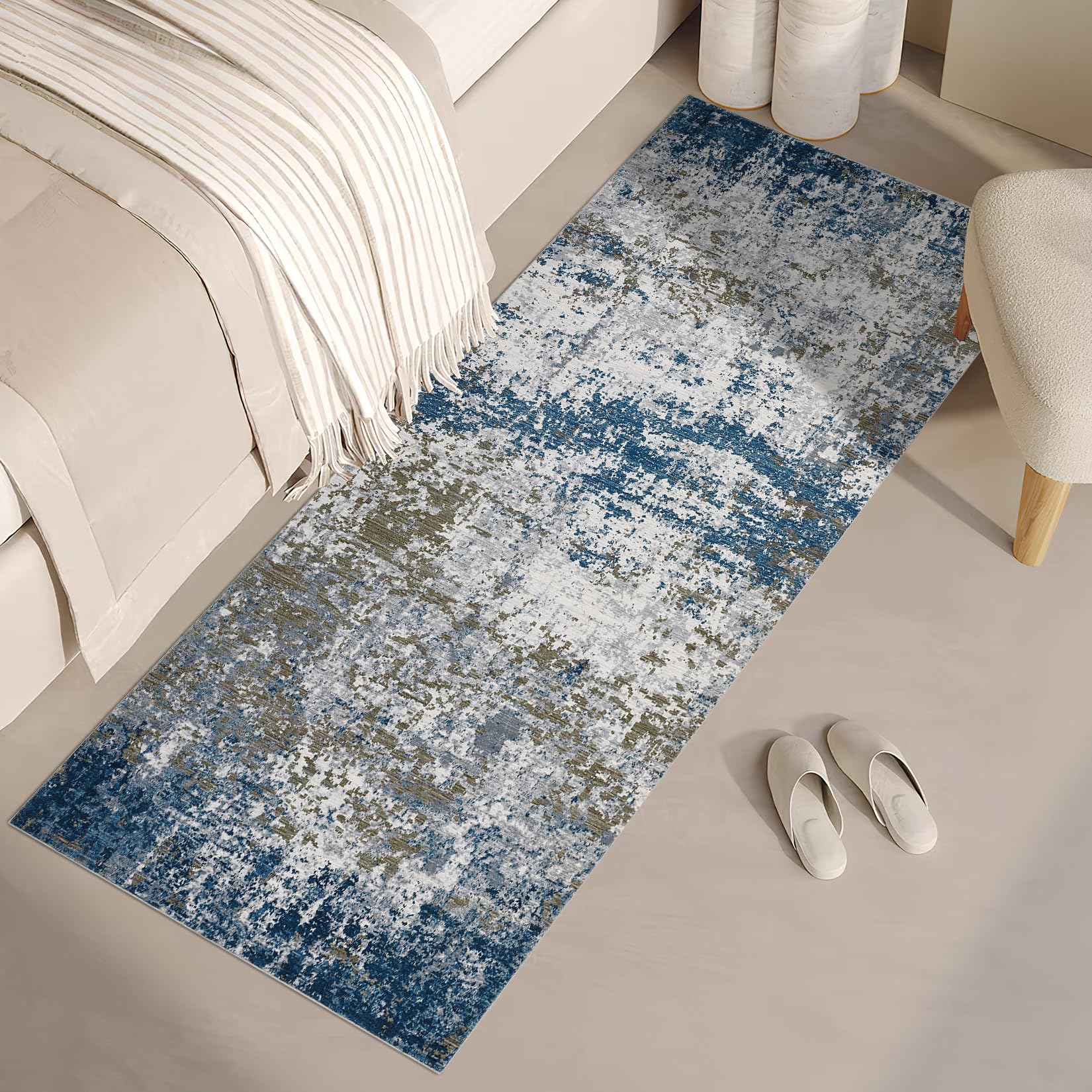 5x7 Modern Abstract Faux Wool Rug Ultra-Soft Low Pile Accent Rug Stain Resistant Carpet Machine Washable for Bedroom with Non Slip Backing, Navy