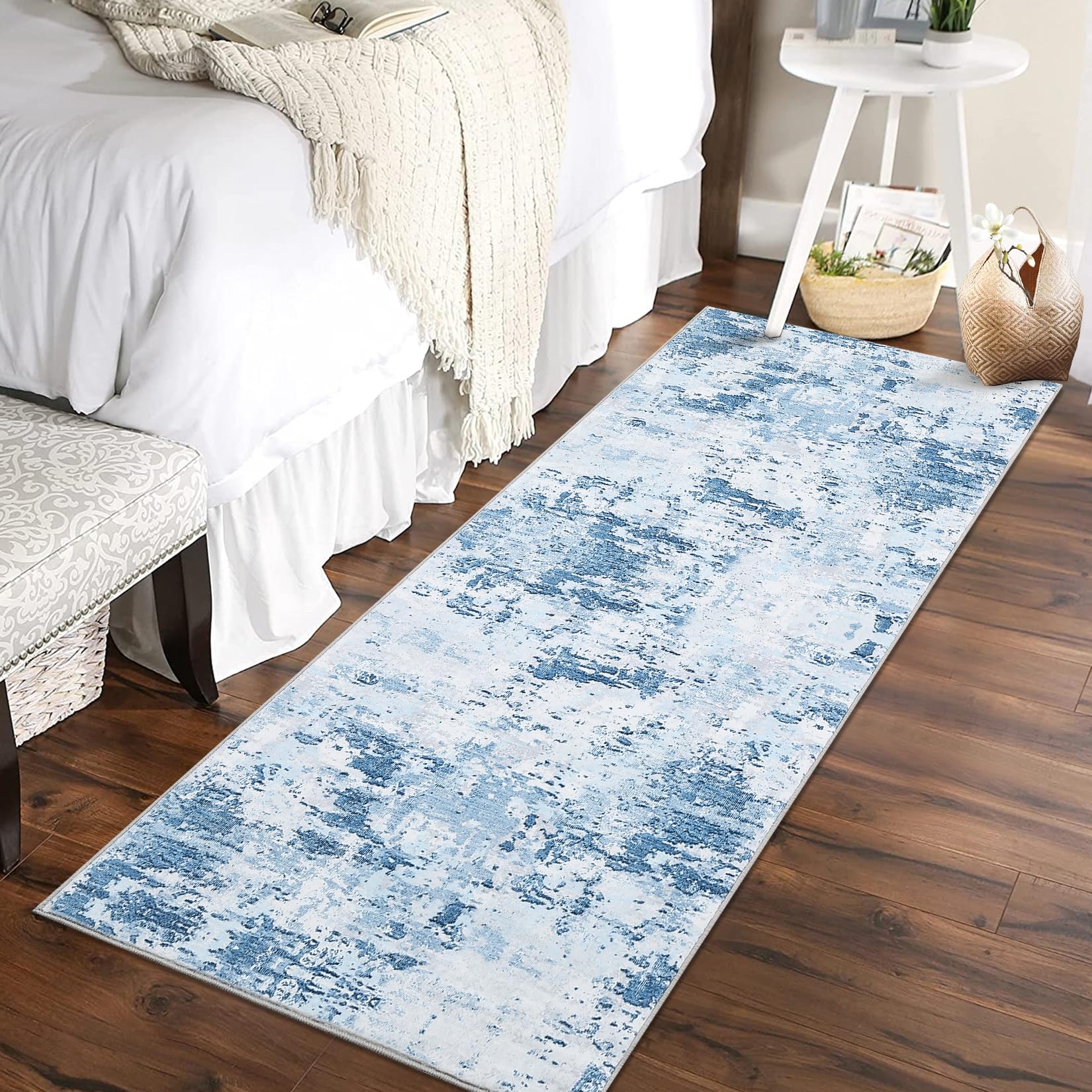 5x7 Modern Abstract Faux Wool Rug Ultra-Soft Low Pile Accent Rug Stain Resistant Carpet Machine Washable for Bedroom with Non Slip Backing, Navy