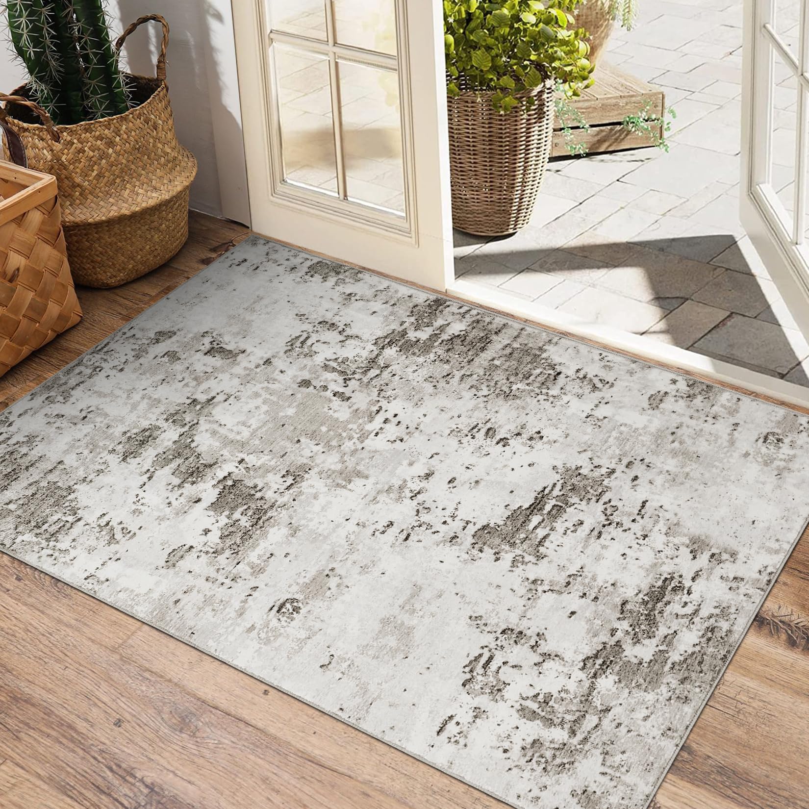 5x7 Modern Abstract Faux Wool Rug Ultra-Soft Low Pile Accent Rug Stain Resistant Carpet Machine Washable for Bedroom with Non Slip Backing, Navy