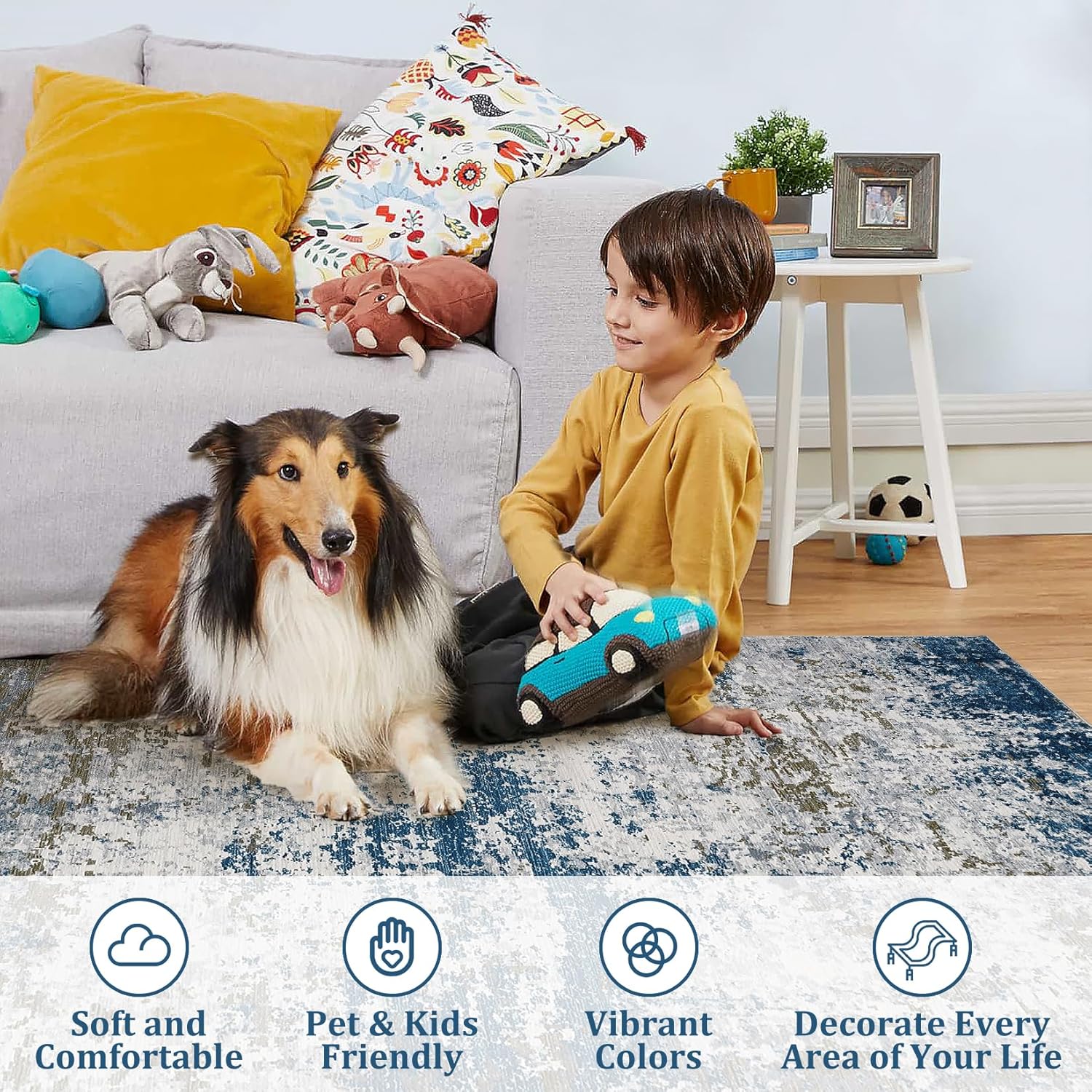 5x7 Modern Abstract Faux Wool Rug Ultra-Soft Low Pile Accent Rug Stain Resistant Carpet Machine Washable for Bedroom with Non Slip Backing, Navy