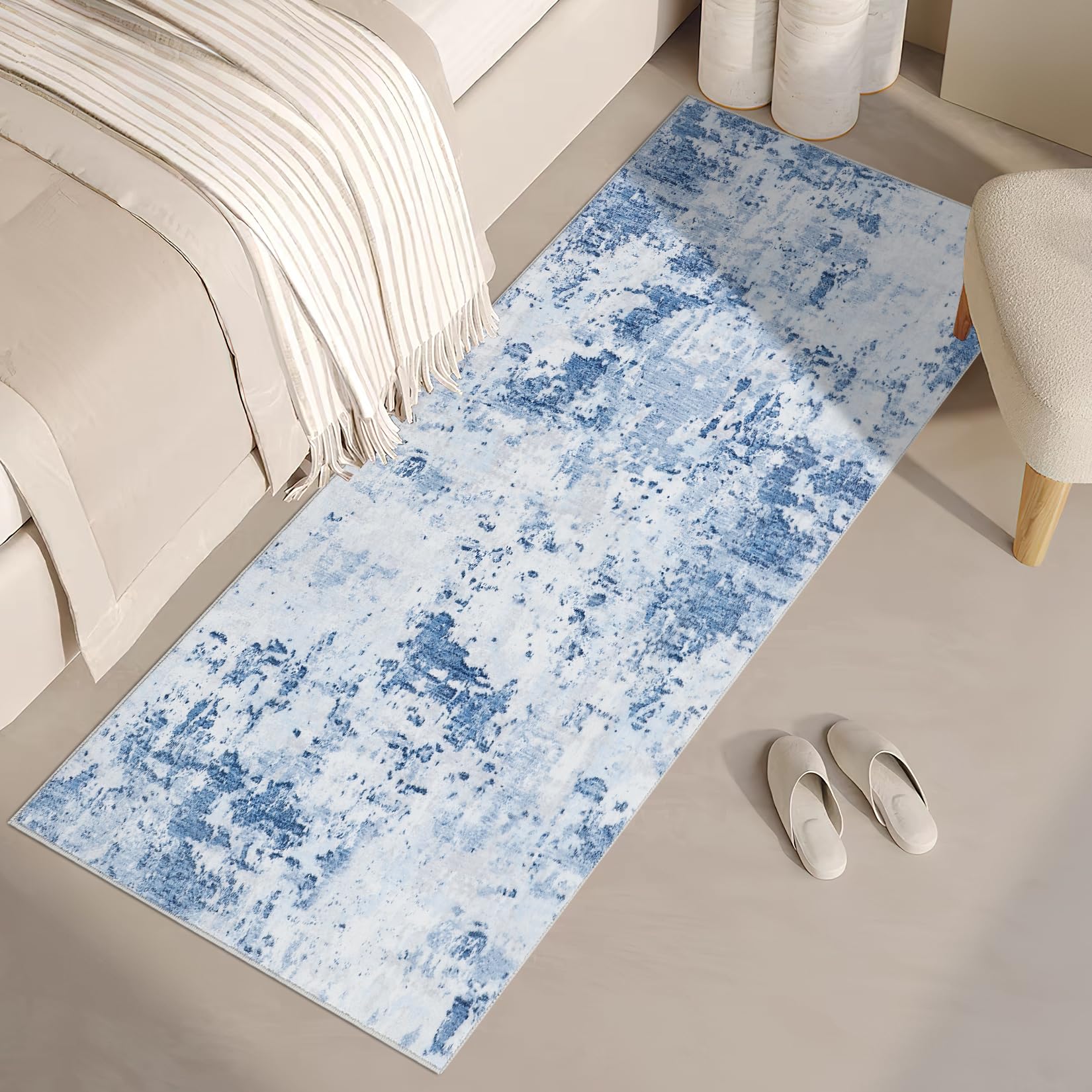 5x7 Modern Abstract Faux Wool Rug Ultra-Soft Low Pile Accent Rug Stain Resistant Carpet Machine Washable for Bedroom with Non Slip Backing, Navy