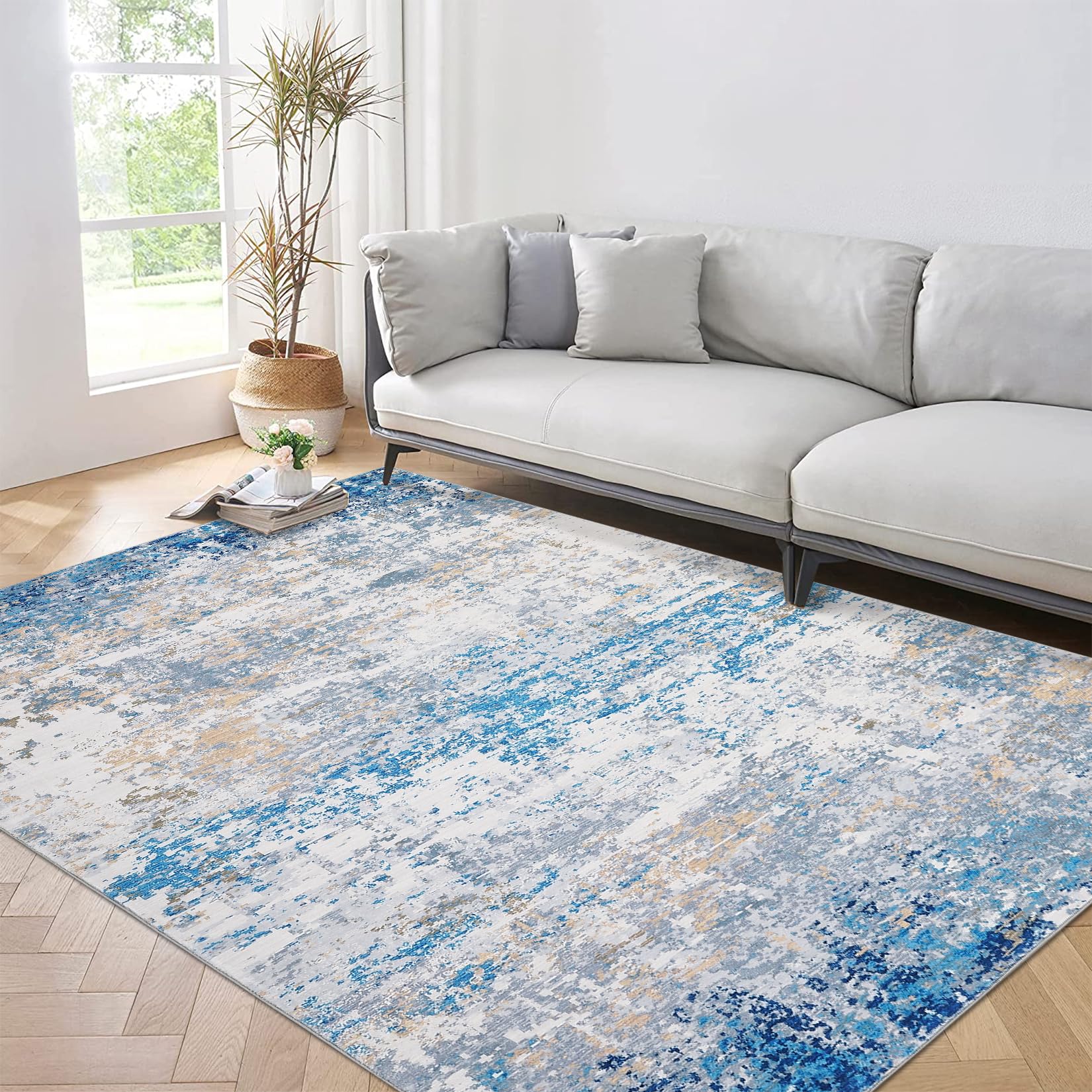 5x7 Modern Abstract Faux Wool Rug Ultra-Soft Low Pile Accent Rug Stain Resistant Carpet Machine Washable for Bedroom with Non Slip Backing, Navy
