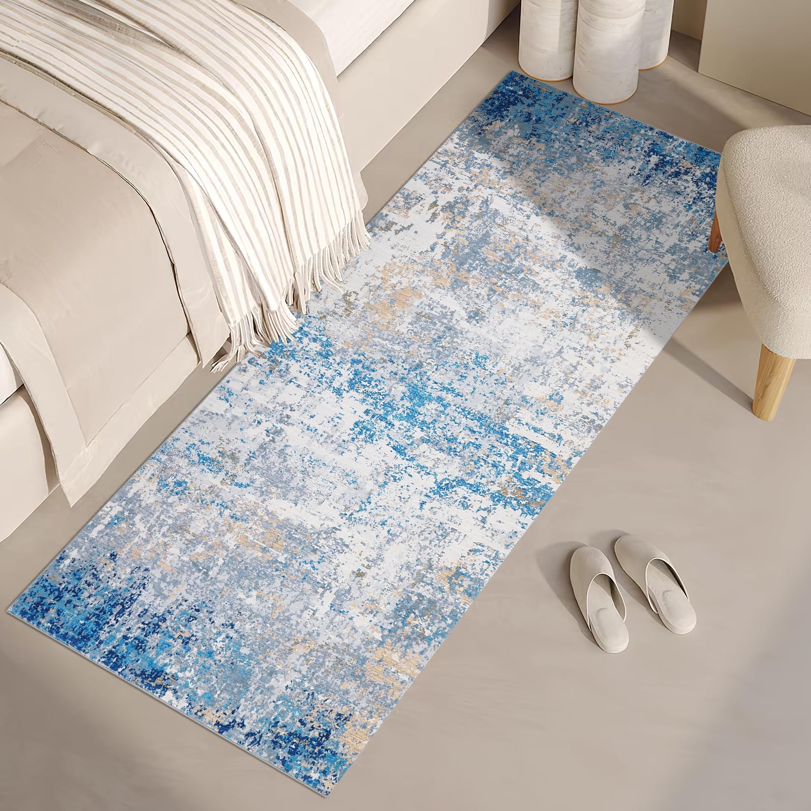 5x7 Modern Abstract Faux Wool Rug Ultra-Soft Low Pile Accent Rug Stain Resistant Carpet Machine Washable for Bedroom with Non Slip Backing, Navy