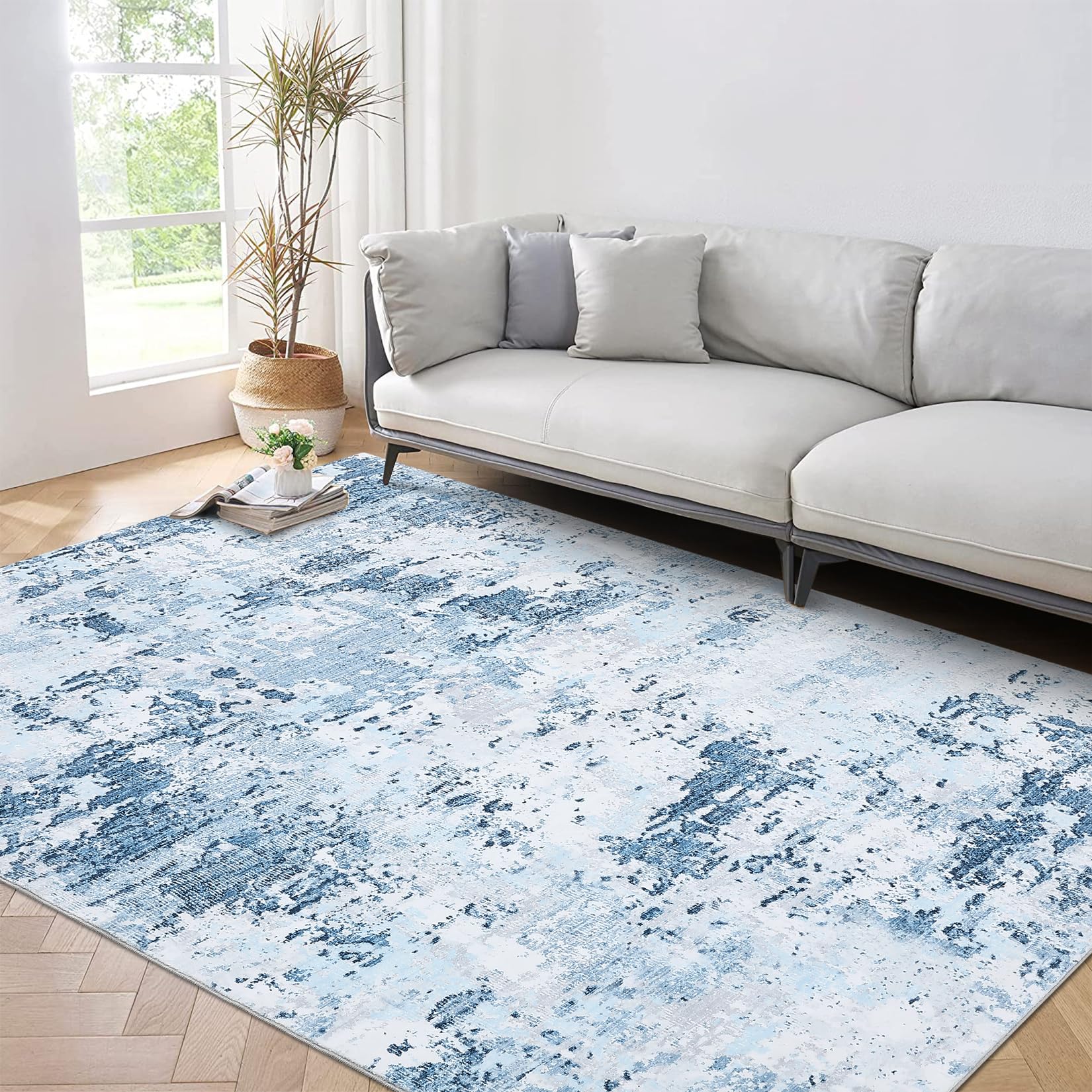 5x7 Modern Abstract Faux Wool Rug Ultra-Soft Low Pile Accent Rug Stain Resistant Carpet Machine Washable for Bedroom with Non Slip Backing, Navy