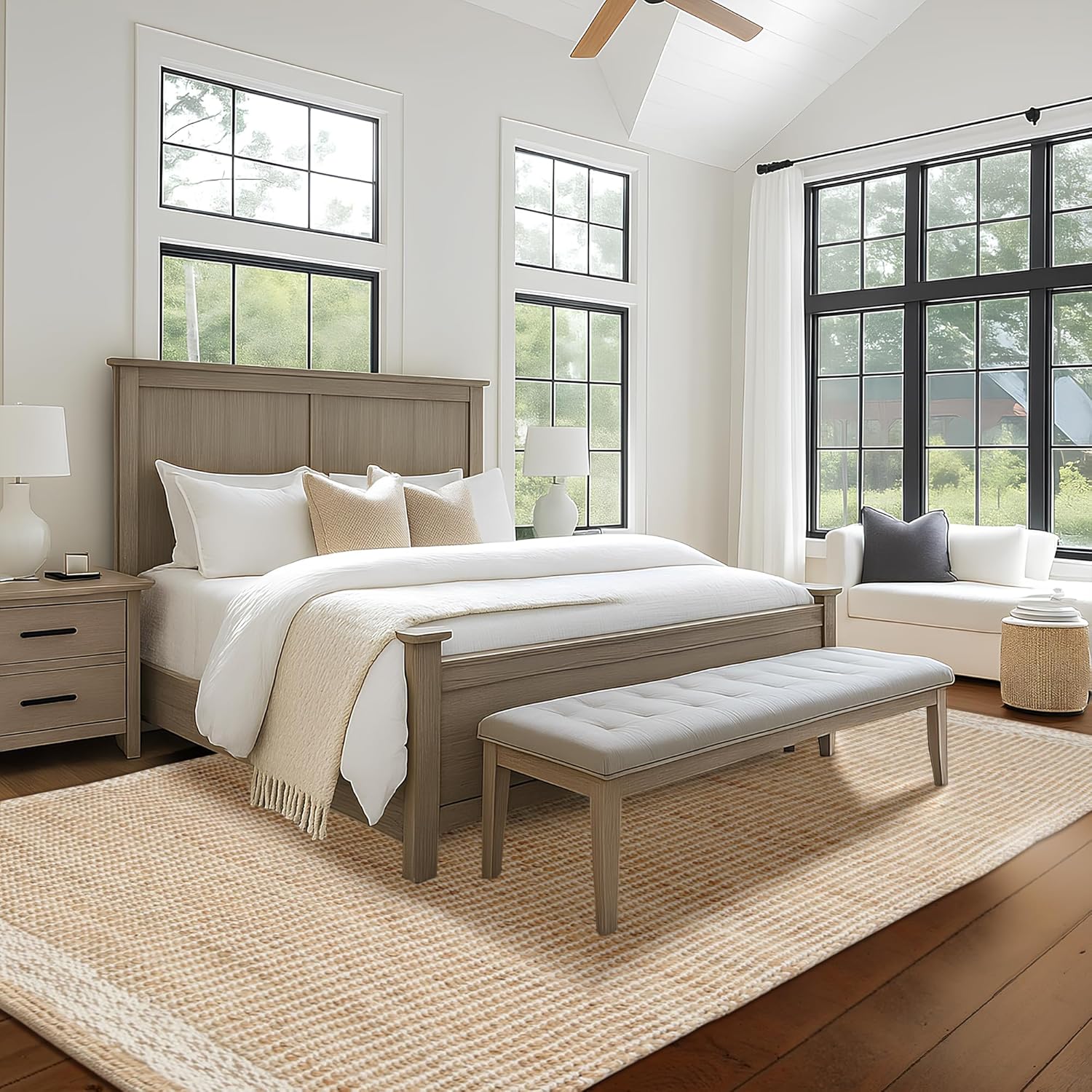 8' x 10' Natural Jute & Wool Area Rug,– Handwoven Mini Check Natural Fiber Rug with 4" Border, Neutral Boho Farmhouse Rug for Living Room Dining Room Bedroom | 0.6" Pile (8' x 10')