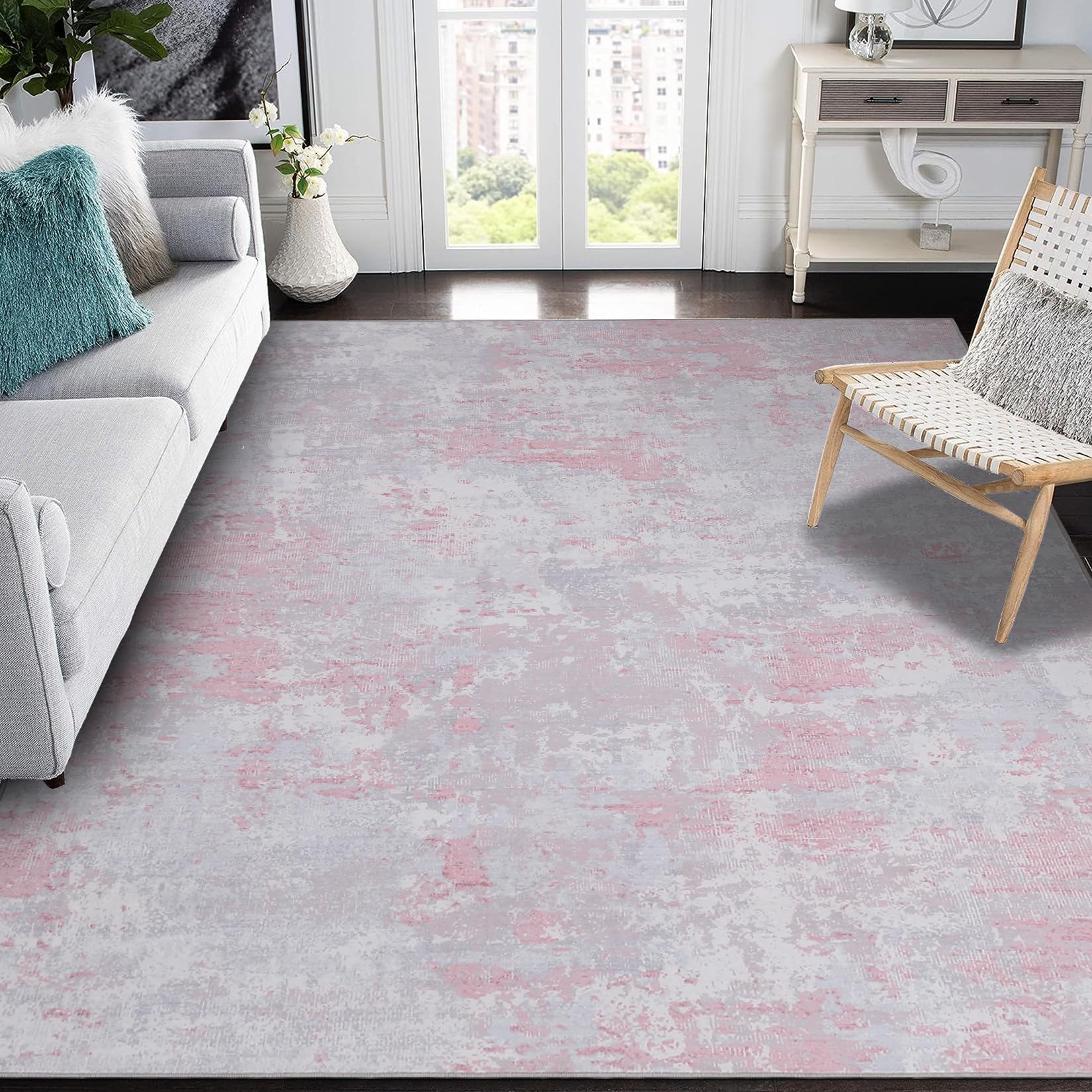 5x7 Modern Abstract Faux Wool Rug Ultra-Soft Low Pile Accent Rug Stain Resistant Carpet Machine Washable for Bedroom with Non Slip Backing, Navy