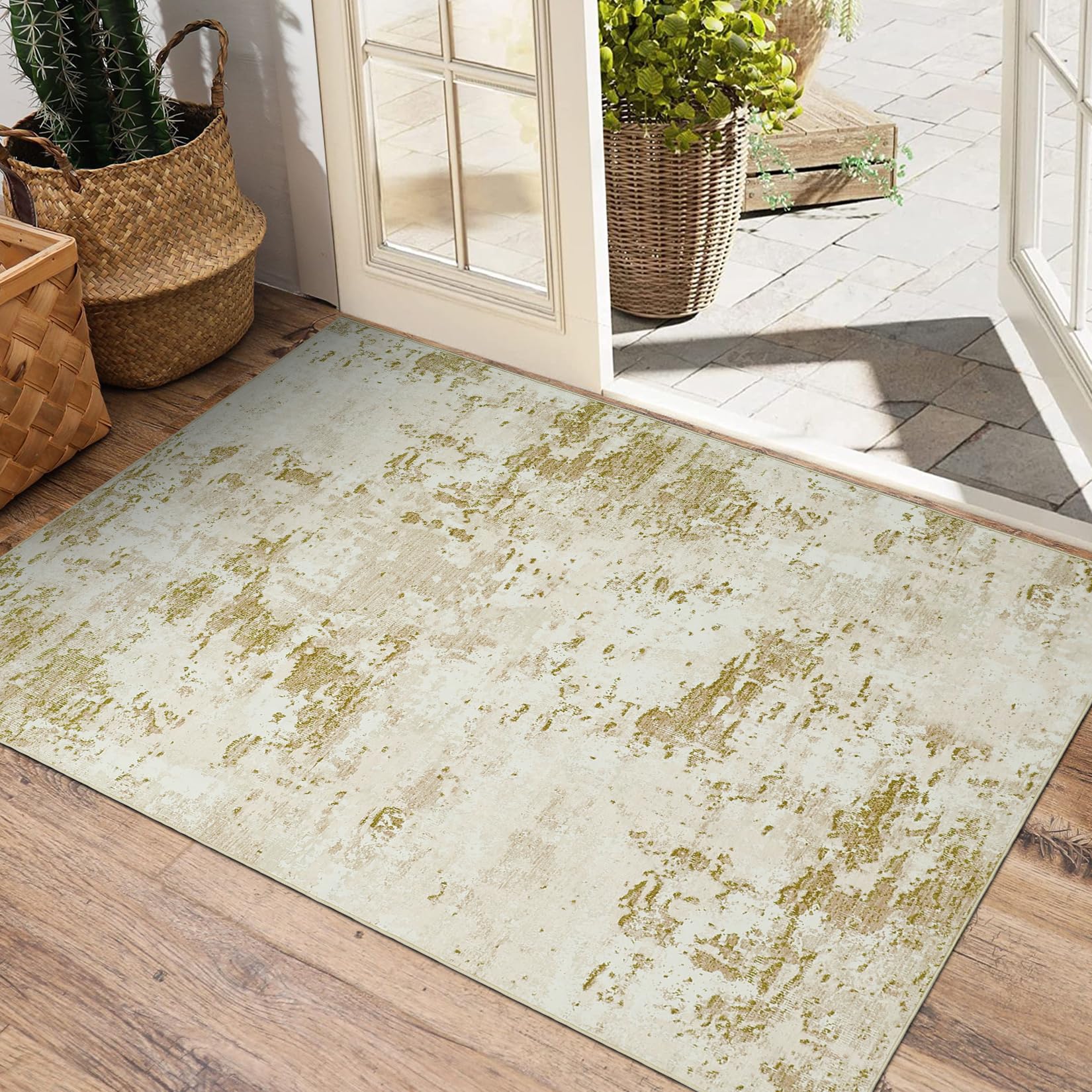 5x7 Modern Abstract Faux Wool Rug Ultra-Soft Low Pile Accent Rug Stain Resistant Carpet Machine Washable for Bedroom with Non Slip Backing, Navy