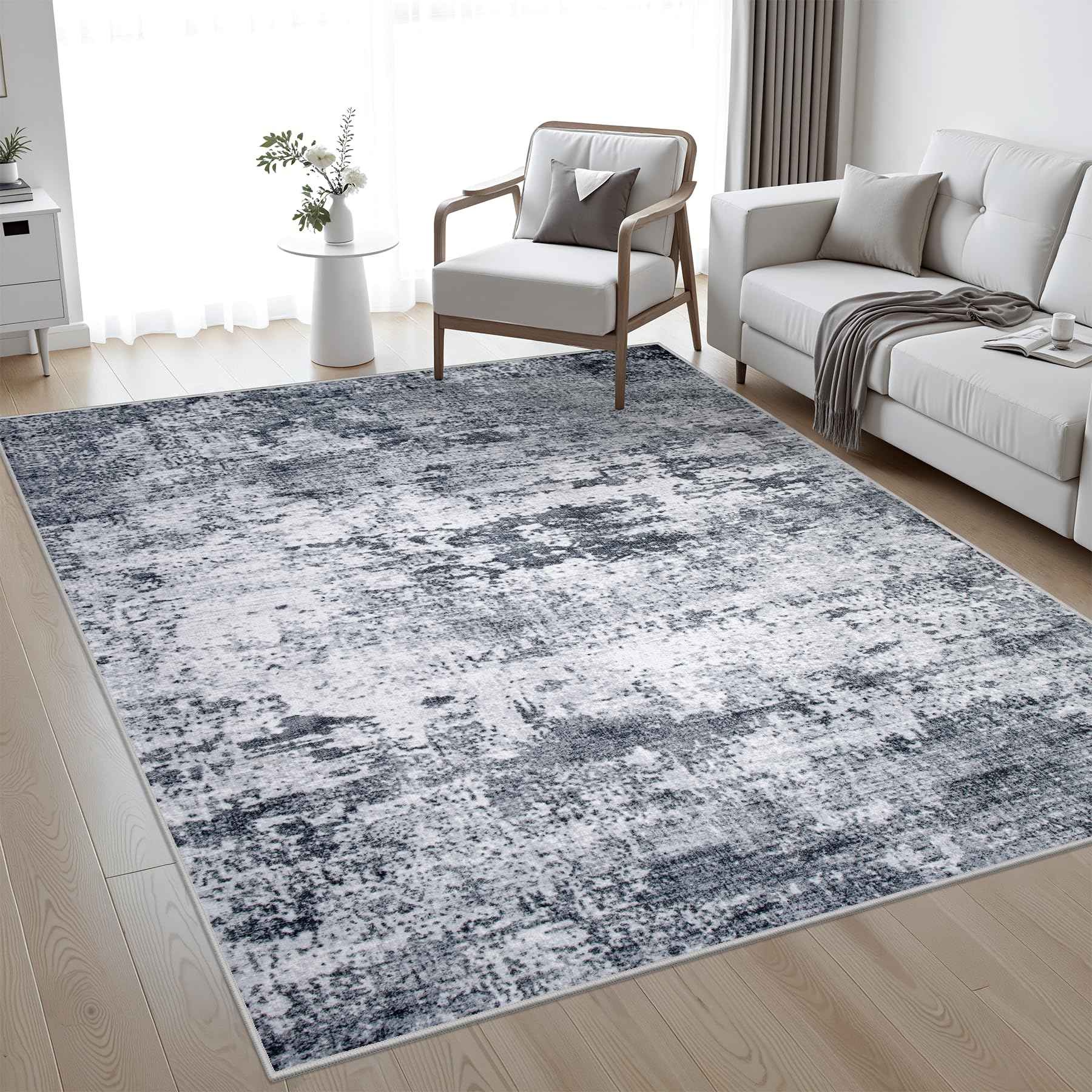 5x7 Area Rug Living Room Rug: Washable Modern Abstract Soft Thin Rug Indoor Floor No Slip Stain Resistant Carpet for Bedroom Dining Room Farmhouse Nursery Home Office - Black