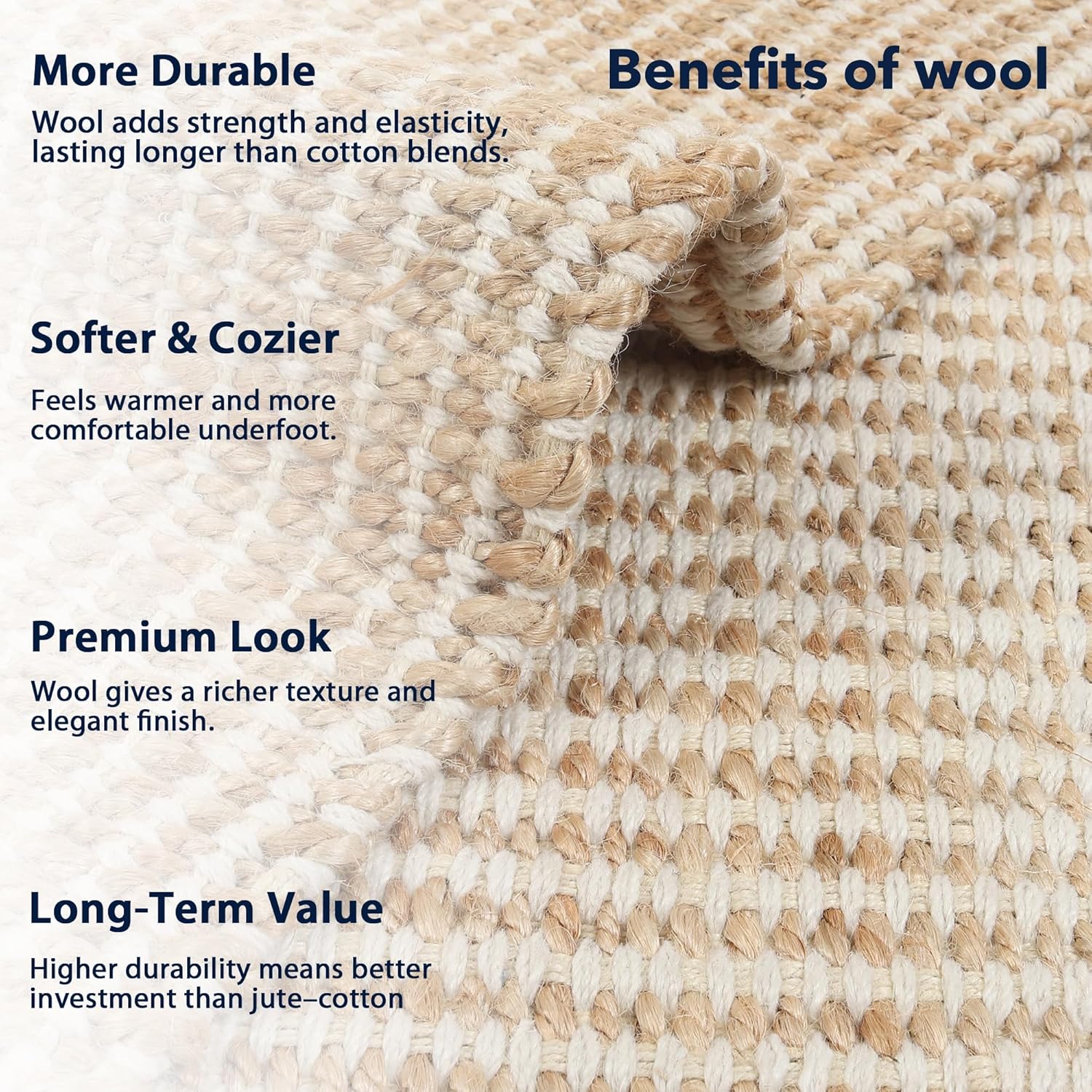 8' x 10' Natural Jute & Wool Area Rug,– Handwoven Mini Check Natural Fiber Rug with 4" Border, Neutral Boho Farmhouse Rug for Living Room Dining Room Bedroom | 0.6" Pile (8' x 10')