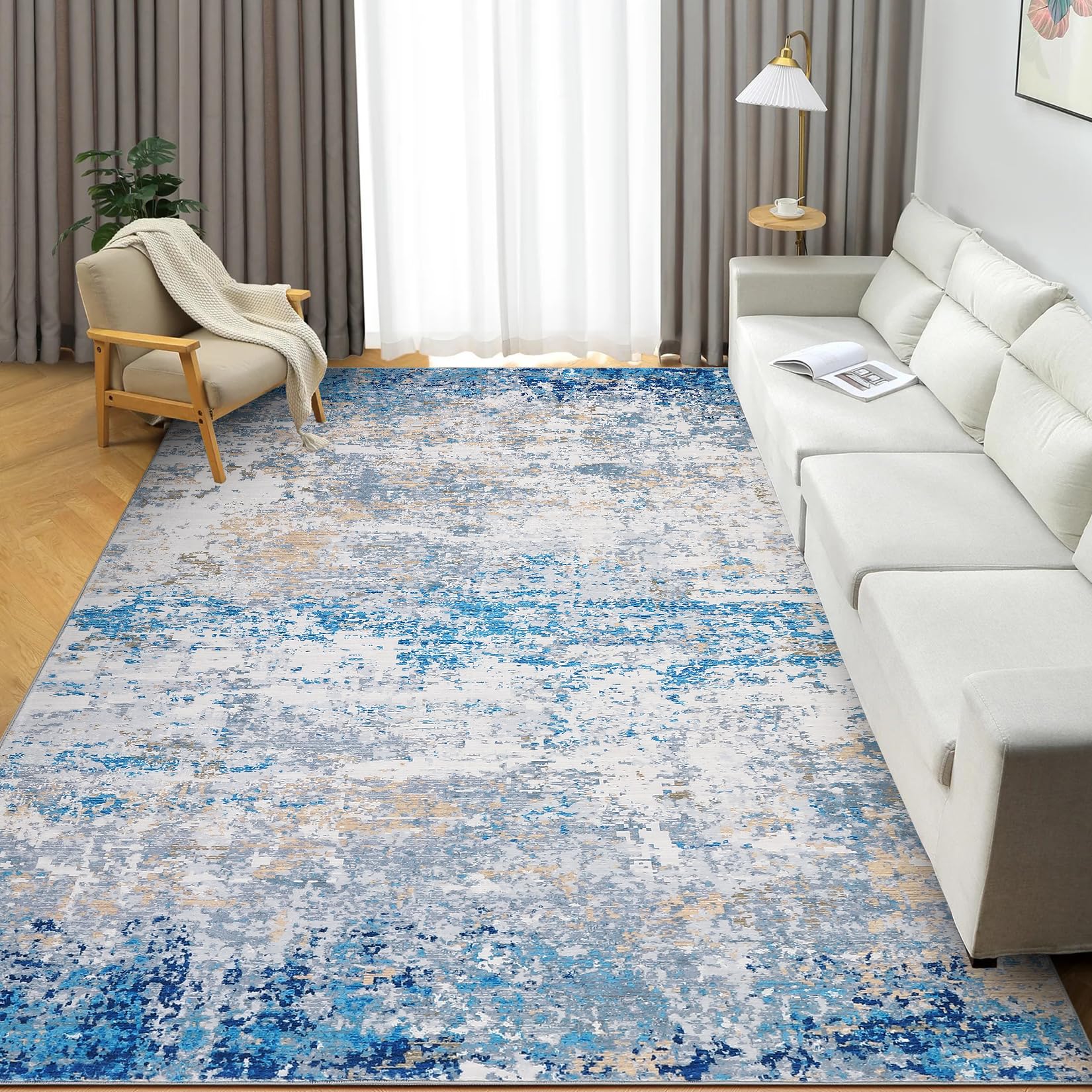 5x7 Modern Abstract Faux Wool Rug Ultra-Soft Low Pile Accent Rug Stain Resistant Carpet Machine Washable for Bedroom with Non Slip Backing, Navy