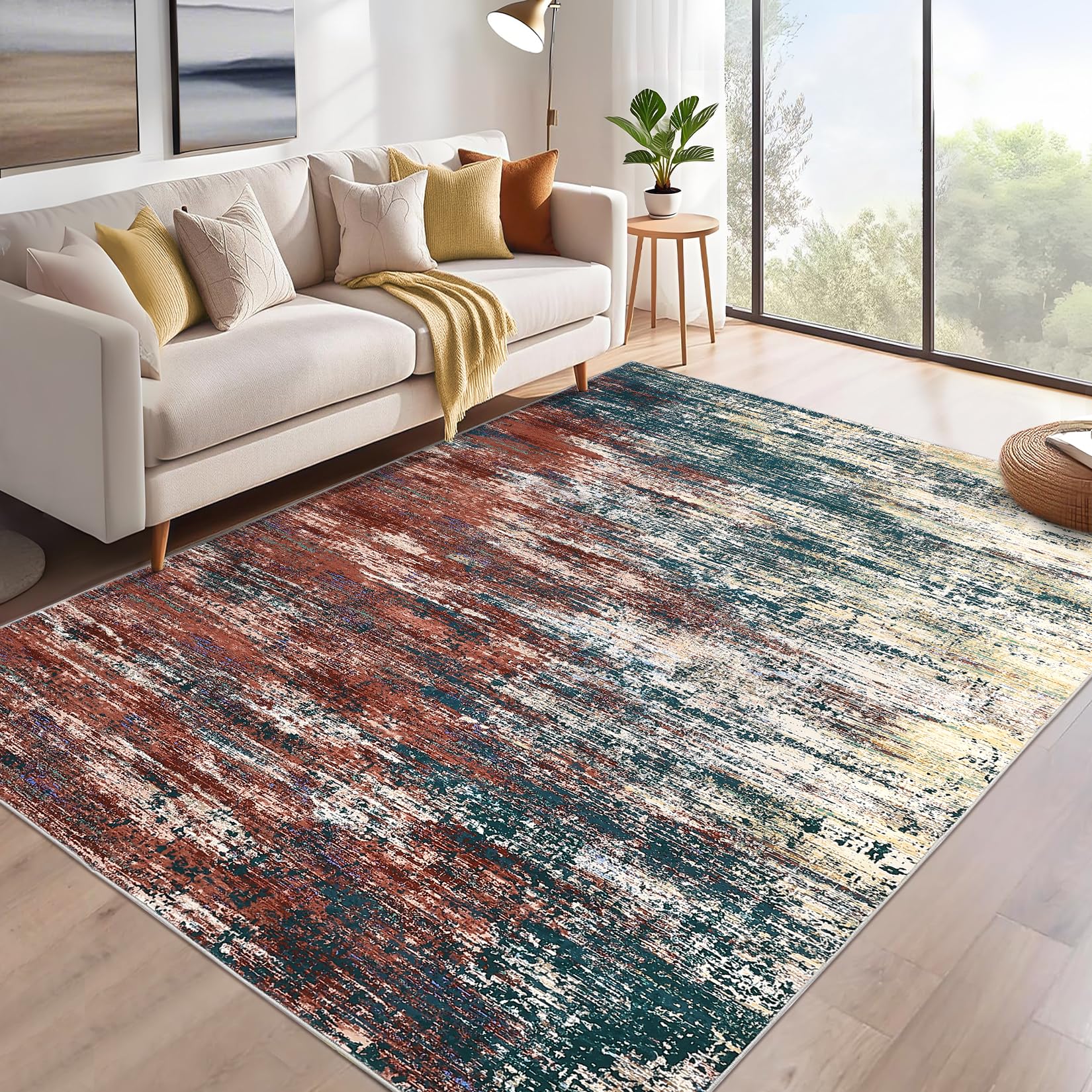 5x7 Modern Abstract Faux Wool Rug Ultra-Soft Low Pile Accent Rug Stain Resistant Carpet Machine Washable for Bedroom with Non Slip Backing, Navy