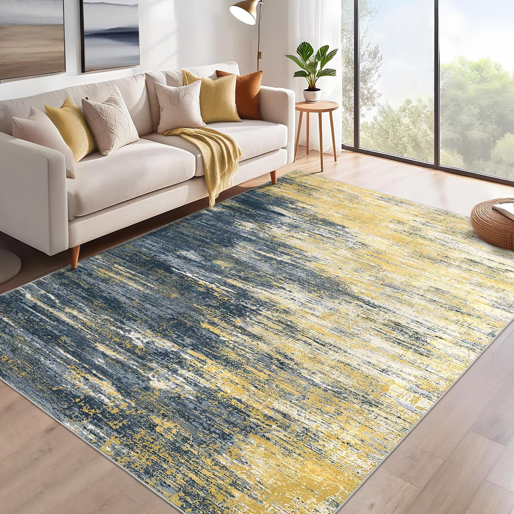 5x7 Modern Abstract Faux Wool Rug Ultra-Soft Low Pile Accent Rug Stain Resistant Carpet Machine Washable for Bedroom with Non Slip Backing, Navy