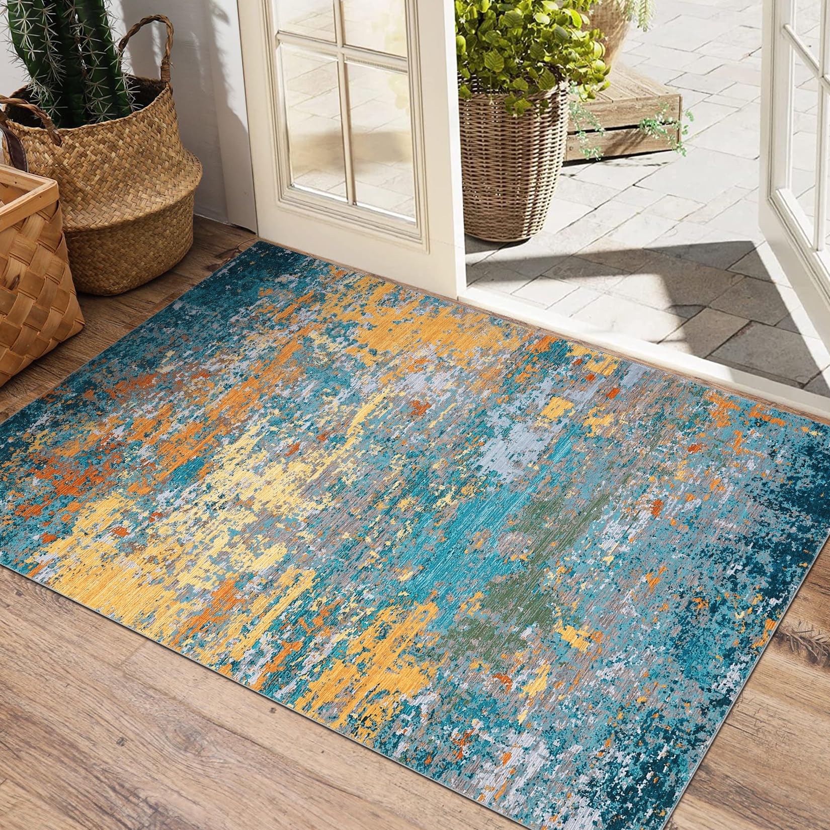 5x7 Modern Abstract Faux Wool Rug Ultra-Soft Low Pile Accent Rug Stain Resistant Carpet Machine Washable for Bedroom with Non Slip Backing, Navy