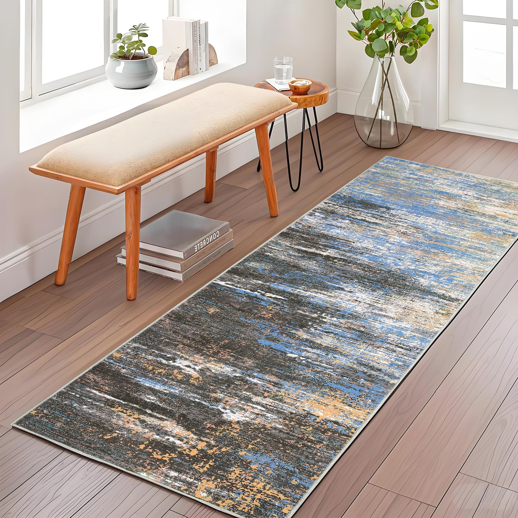 5x7 Modern Abstract Faux Wool Rug Ultra-Soft Low Pile Accent Rug Stain Resistant Carpet Machine Washable for Bedroom with Non Slip Backing, Navy