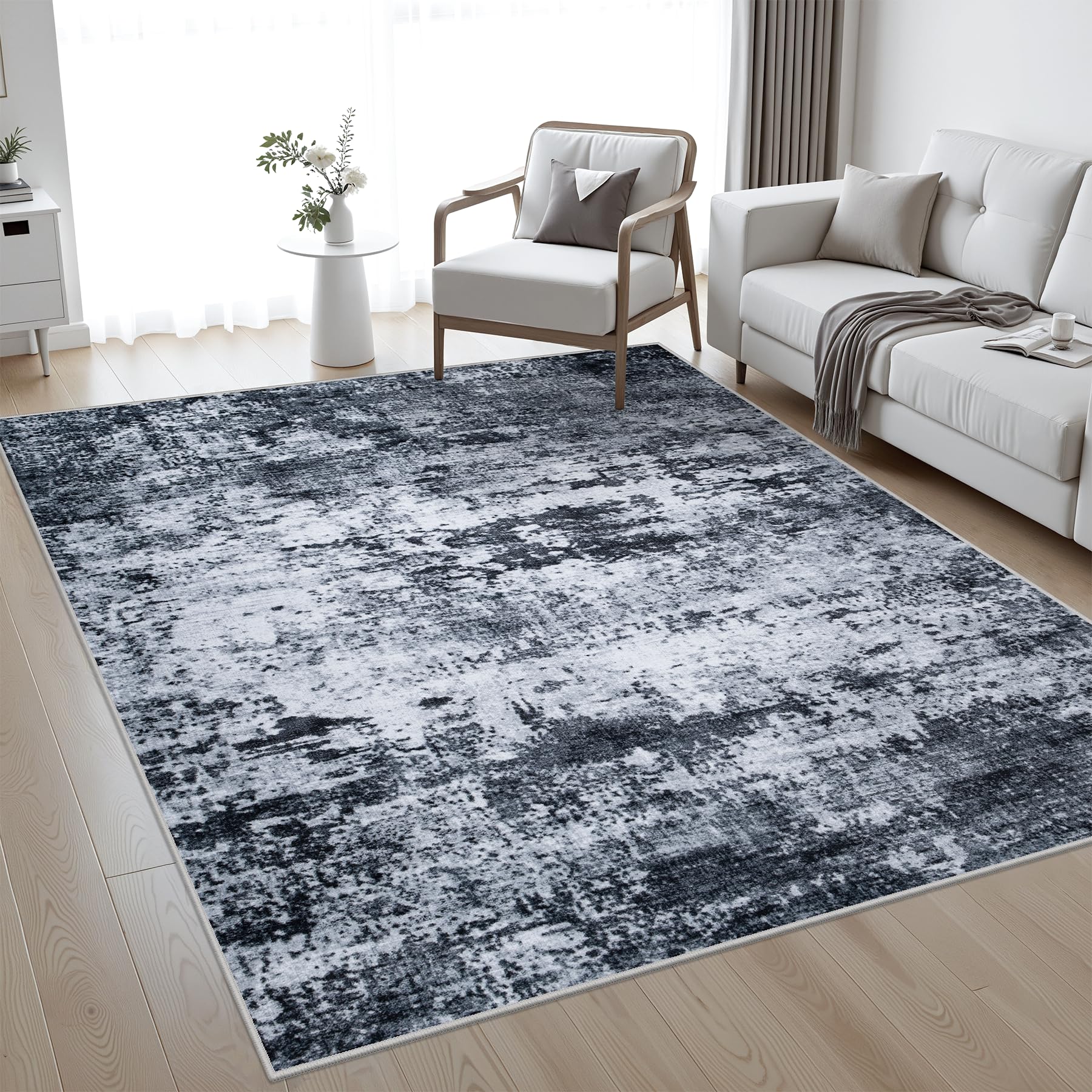 5x7 Area Rug Living Room Rug: Washable Modern Abstract Soft Thin Rug Indoor Floor No Slip Stain Resistant Carpet for Bedroom Dining Room Farmhouse Nursery Home Office - Black