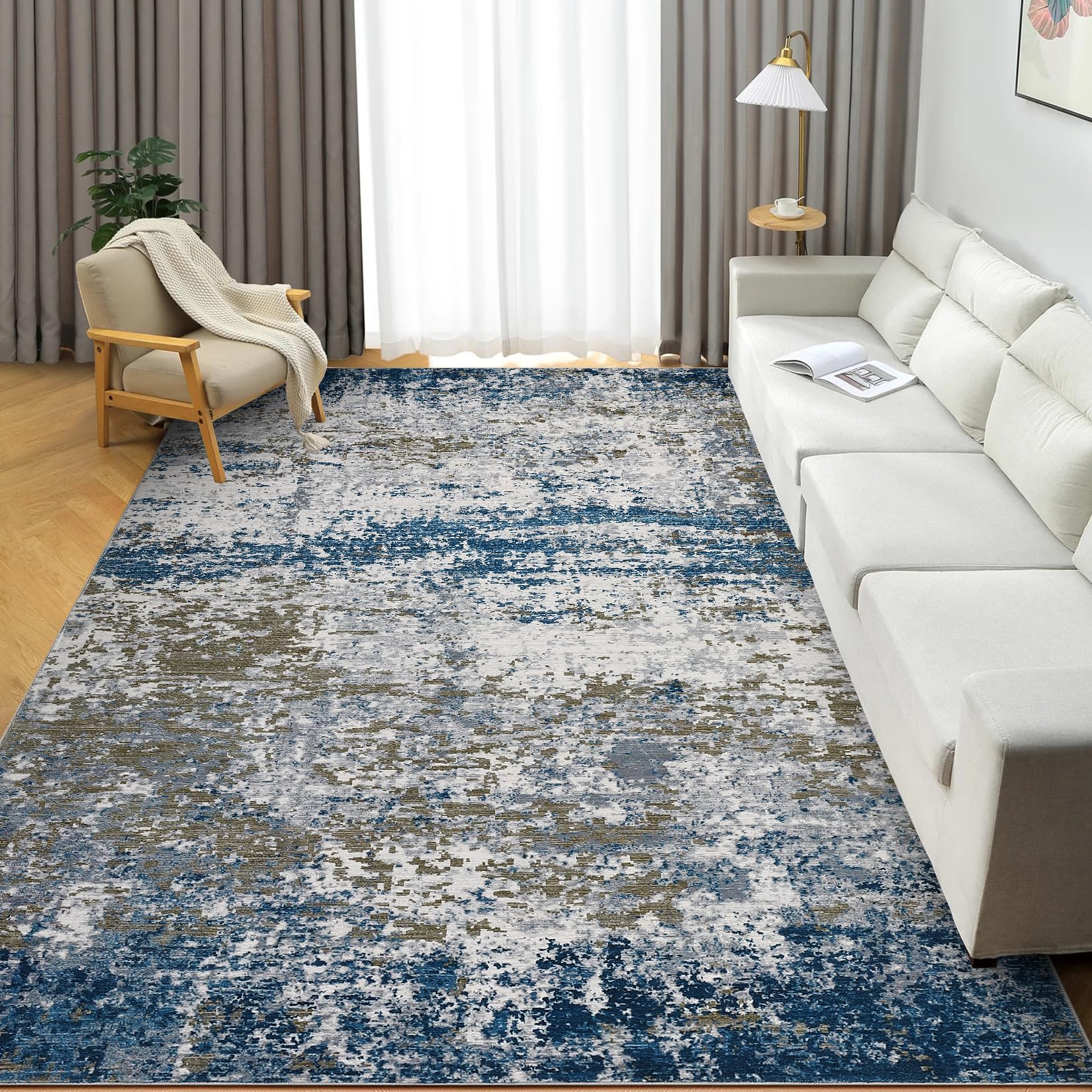 5x7 Modern Abstract Faux Wool Rug Ultra-Soft Low Pile Accent Rug Stain Resistant Carpet Machine Washable for Bedroom with Non Slip Backing, Navy