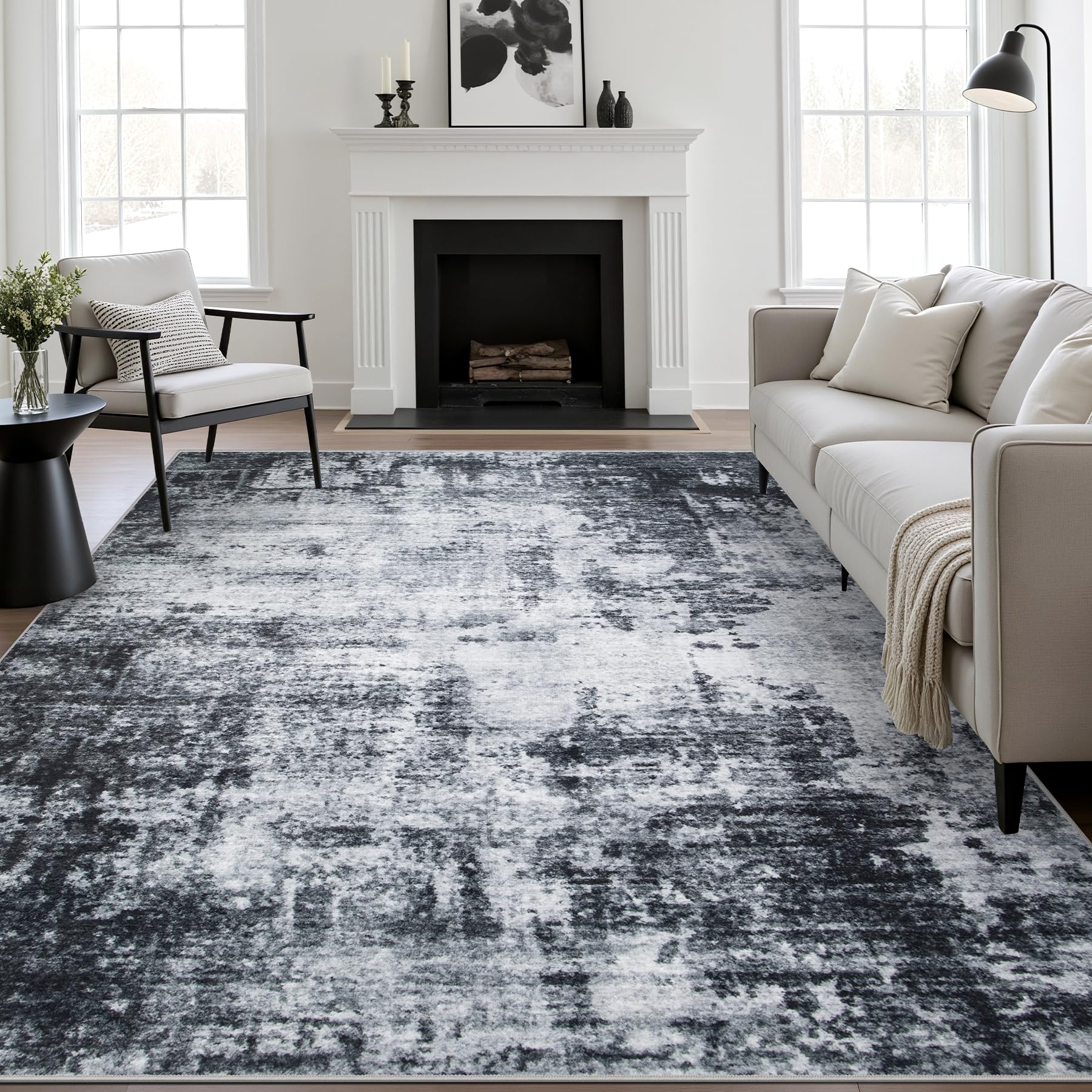 5x7 Area Rug Living Room Rug: Washable Modern Abstract Soft Thin Rug Indoor Floor No Slip Stain Resistant Carpet for Bedroom Dining Room Farmhouse Nursery Home Office - Black