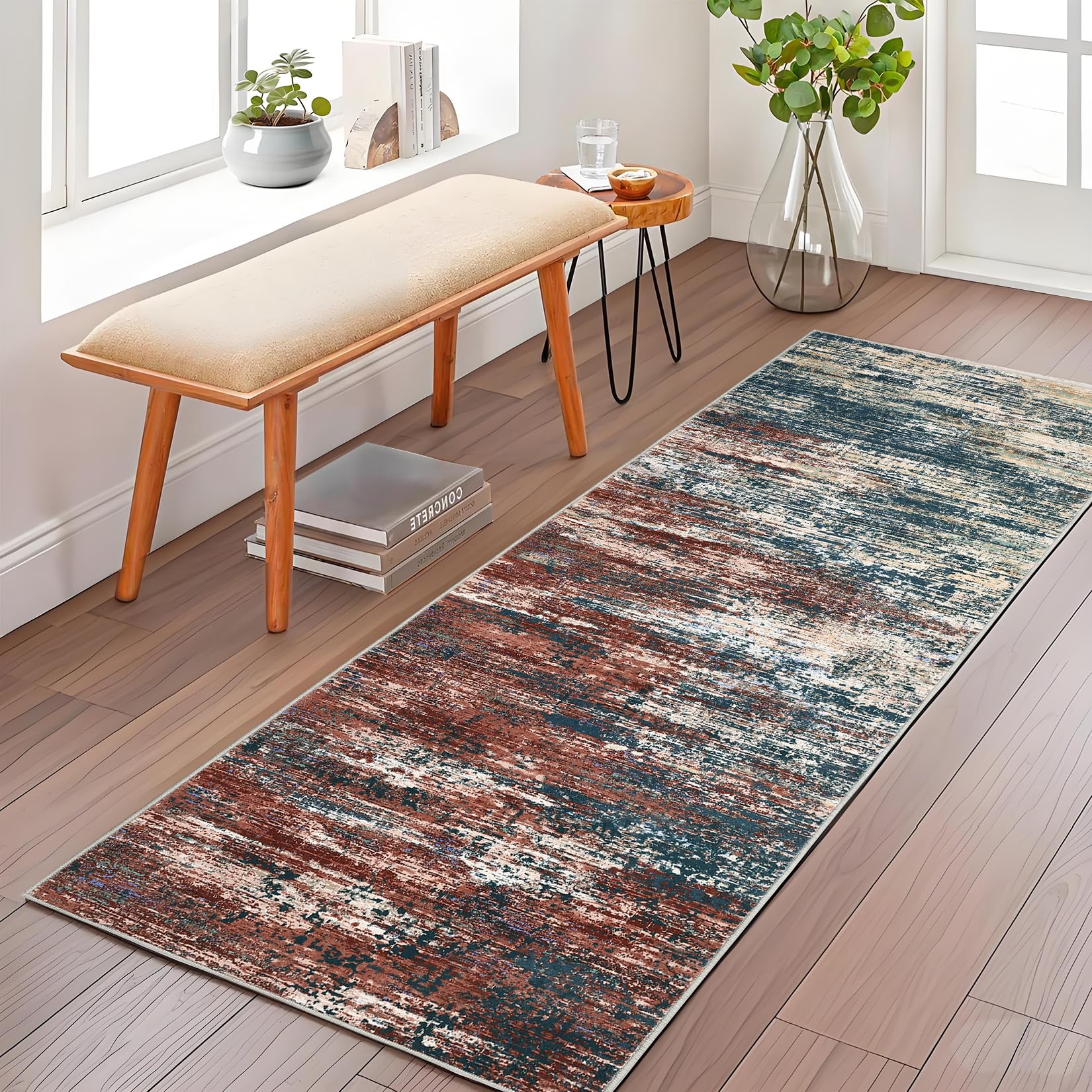5x7 Modern Abstract Faux Wool Rug Ultra-Soft Low Pile Accent Rug Stain Resistant Carpet Machine Washable for Bedroom with Non Slip Backing, Navy