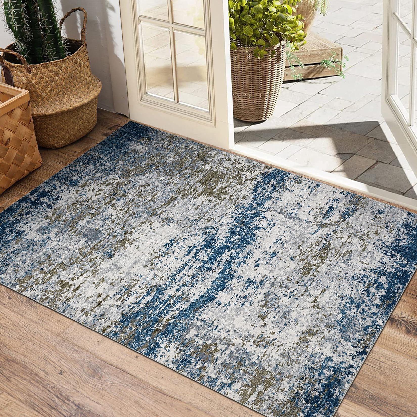5x7 Modern Abstract Faux Wool Rug Ultra-Soft Low Pile Accent Rug Stain Resistant Carpet Machine Washable for Bedroom with Non Slip Backing, Navy