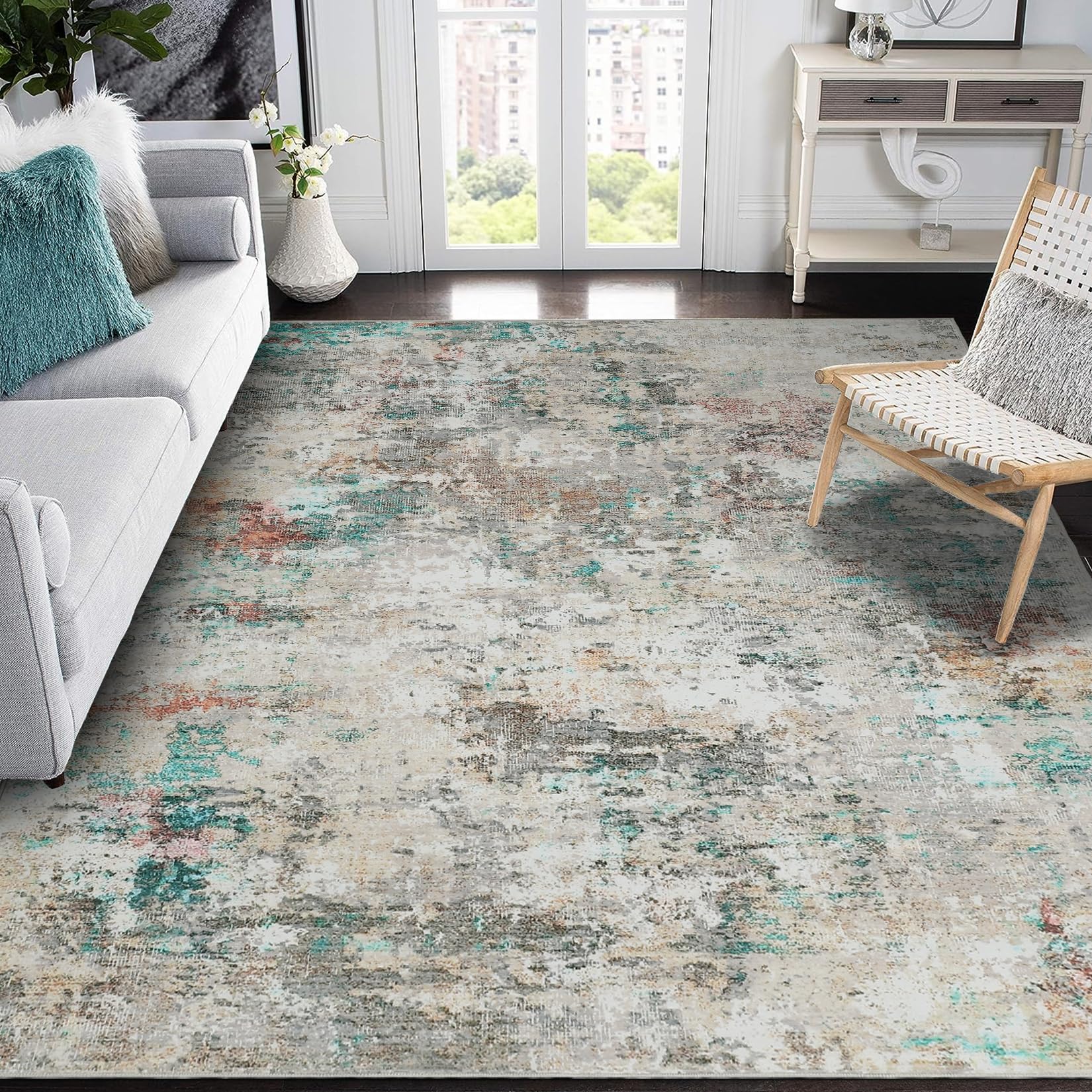 5x7 Modern Abstract Faux Wool Rug Ultra-Soft Low Pile Accent Rug Stain Resistant Carpet Machine Washable for Bedroom with Non Slip Backing, Navy