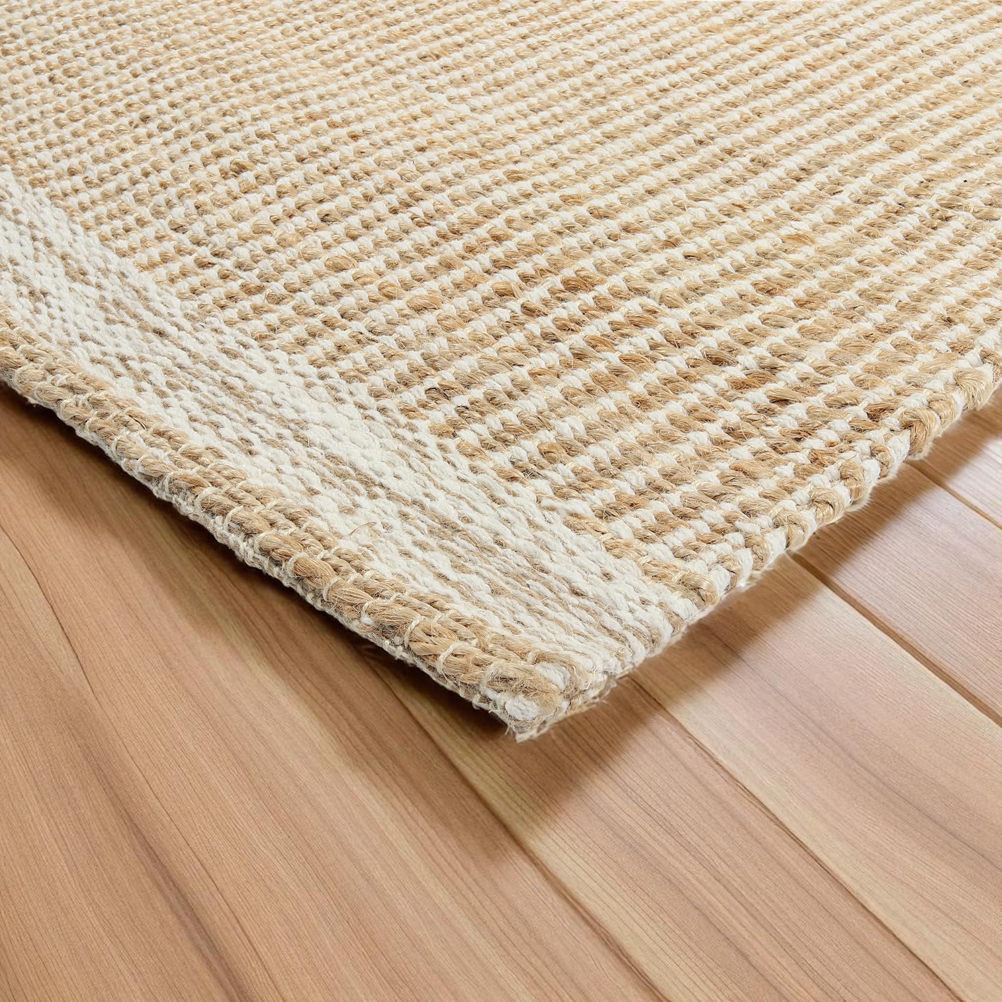 8' x 10' Natural Jute & Wool Area Rug,– Handwoven Mini Check Natural Fiber Rug with 4" Border, Neutral Boho Farmhouse Rug for Living Room Dining Room Bedroom | 0.6" Pile (8' x 10')