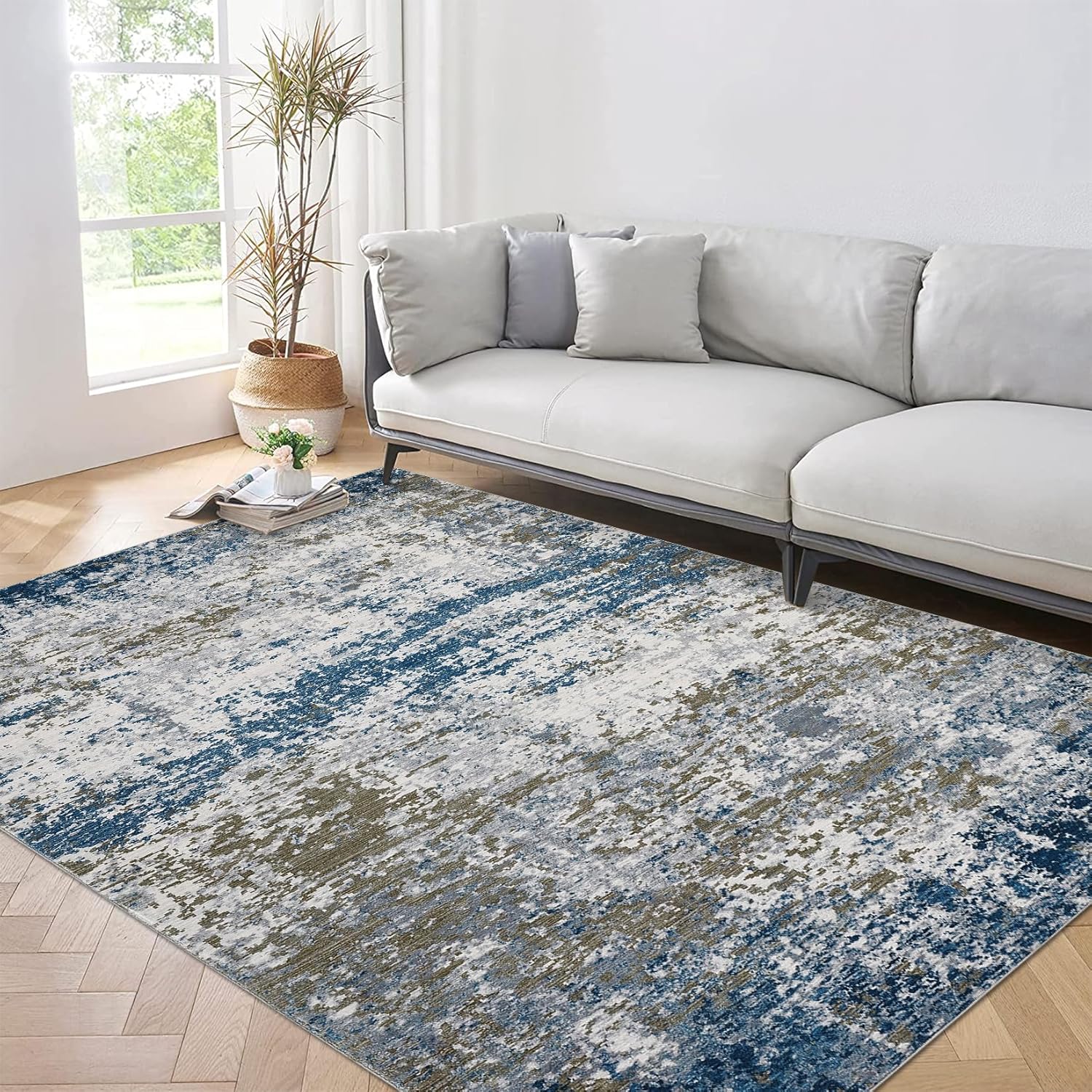 5x7 Modern Abstract Faux Wool Rug Ultra-Soft Low Pile Accent Rug Stain Resistant Carpet Machine Washable for Bedroom with Non Slip Backing, Navy