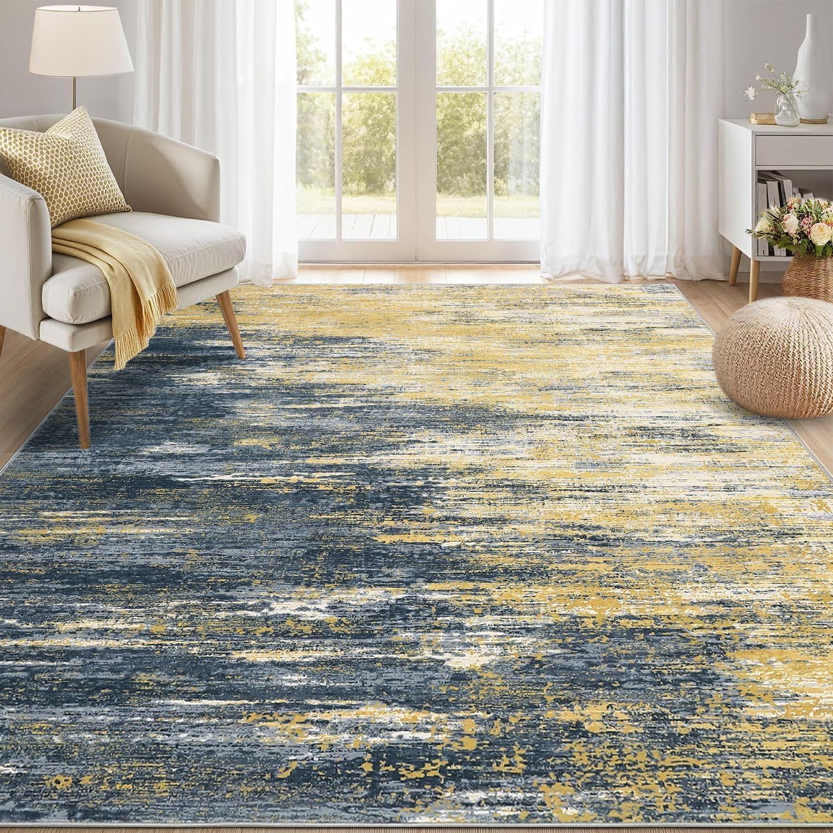 5x7 Modern Abstract Faux Wool Rug Ultra-Soft Low Pile Accent Rug Stain Resistant Carpet Machine Washable for Bedroom with Non Slip Backing, Navy