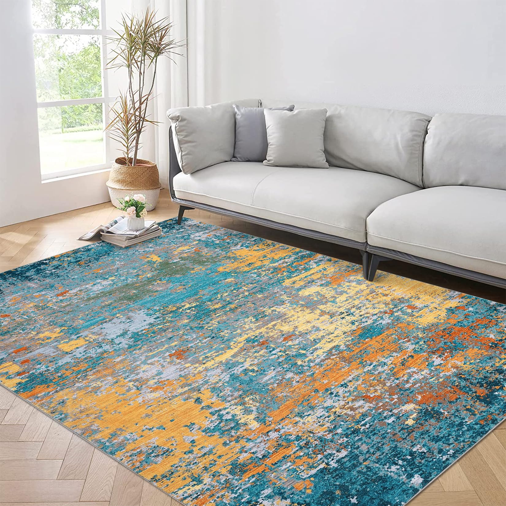 5x7 Modern Abstract Faux Wool Rug Ultra-Soft Low Pile Accent Rug Stain Resistant Carpet Machine Washable for Bedroom with Non Slip Backing, Navy