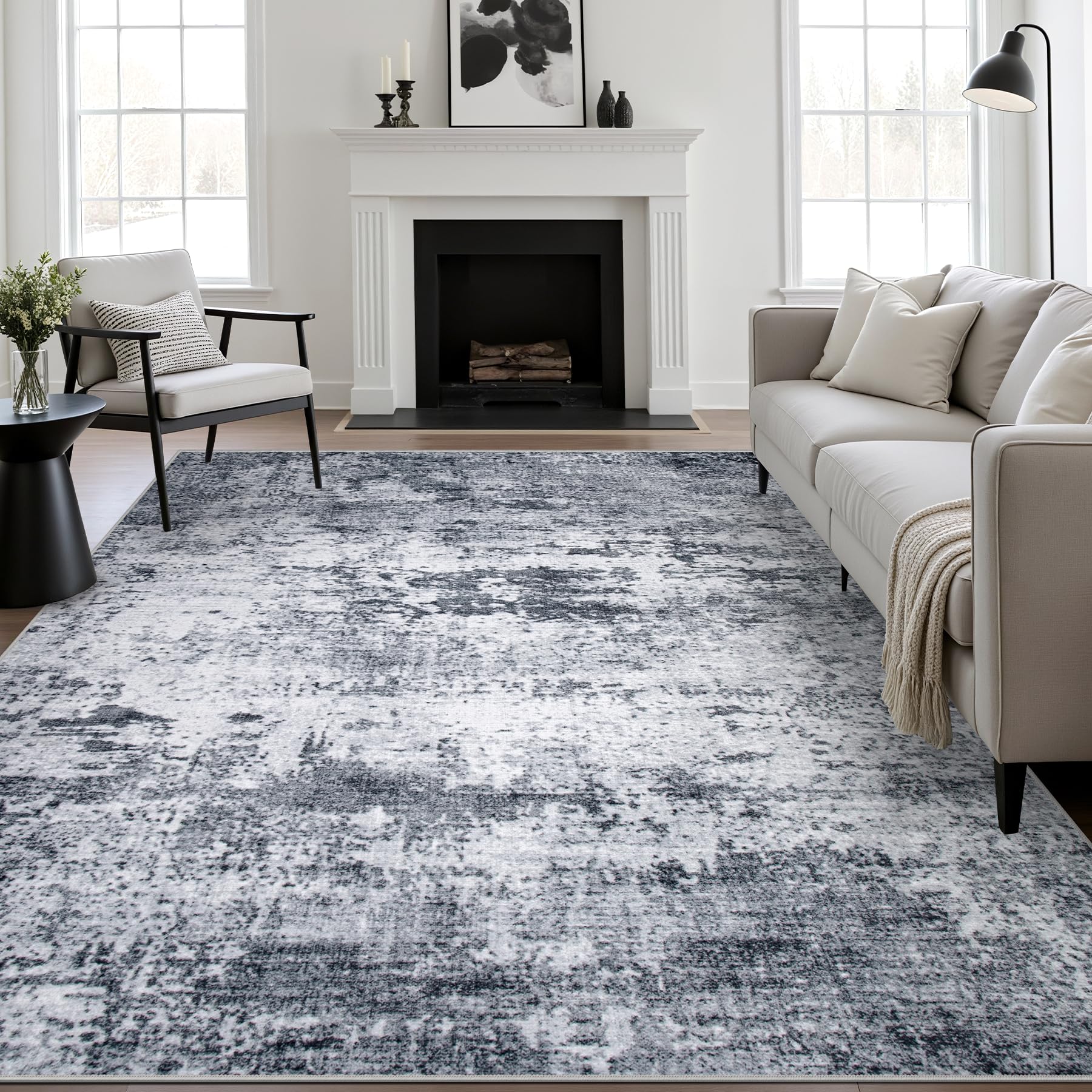 5x7 Area Rug Living Room Rug: Washable Modern Abstract Soft Thin Rug Indoor Floor No Slip Stain Resistant Carpet for Bedroom Dining Room Farmhouse Nursery Home Office - Black
